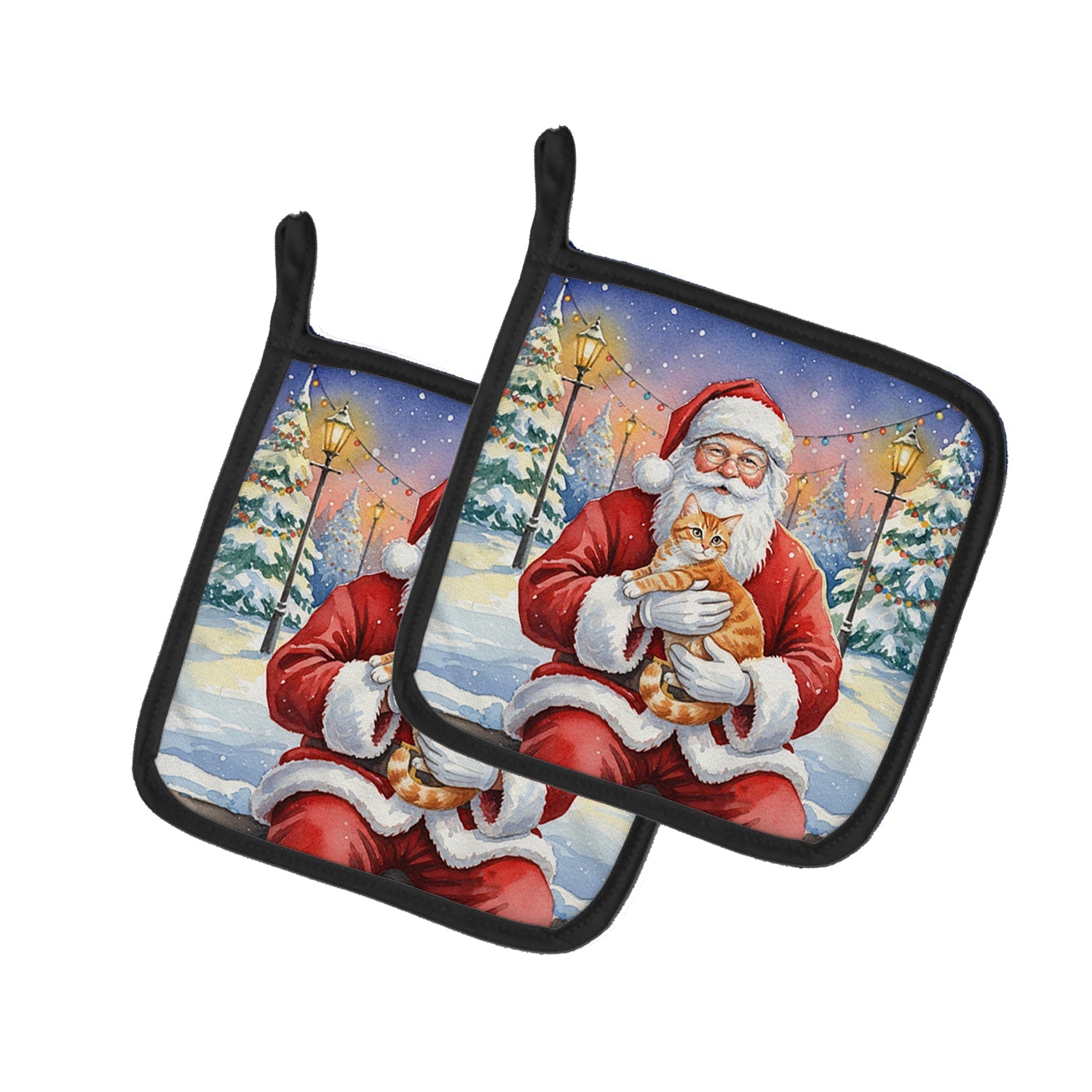 Orange Mackerel Tabby Cat with Santa Claus Pot Holder Set of 2 Heat Resistant Quilted Hot Pads 7.5 x 7.5 Inch, Insulated Kitchen Trivets for Cooking & Baking