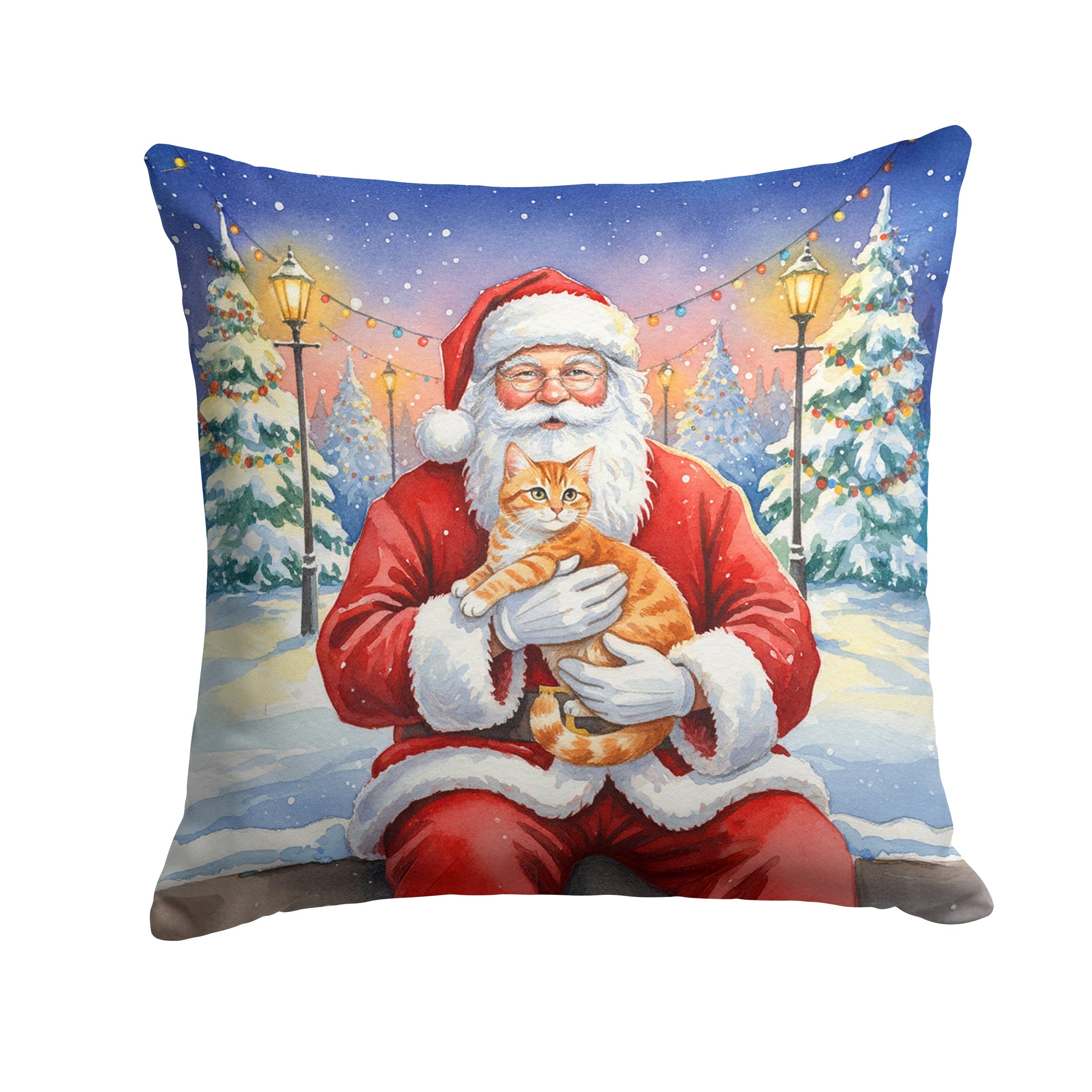 Orange Mackerel Tabby Cat with Santa Claus Decorative Throw Pillow 18x18 Indoor Outdoor Accent Cushion, Fabric Cover with Insert for Sofa, Bed, Porch & Living Room