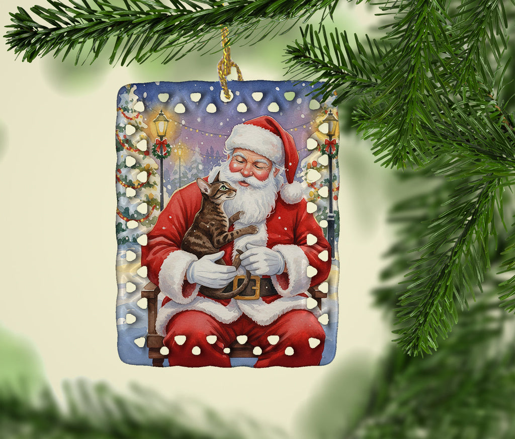 Oriental Shorthair Cat with Santa Claus Porcelain Ornament Christmas Tree Hanging Decorations for Home Christmas Holiday, Rectangle, Gift, Multicolor
