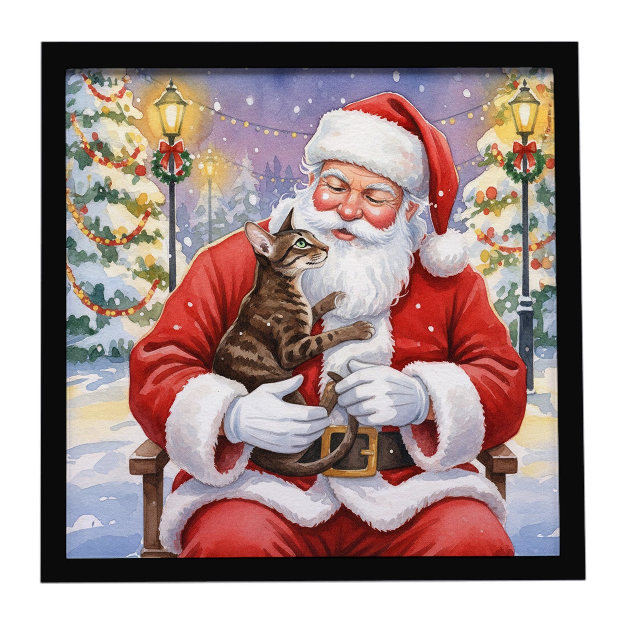 Oriental Shorthair Cat with Santa Claus Framed Metal Print Bathroom, Kitchen, Office, Home Decor Wall Art Ready to Hang, Square, 8X8