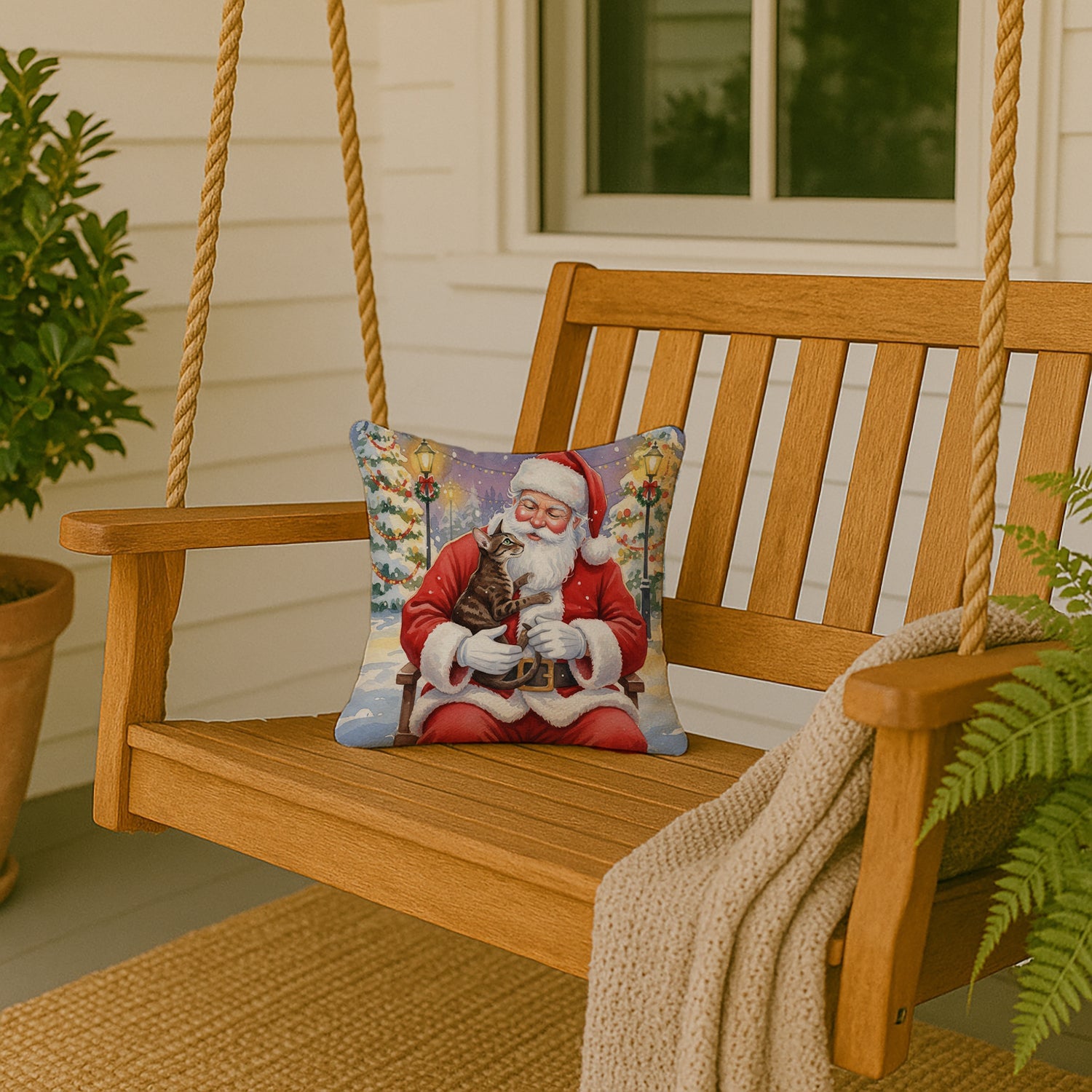 Oriental Shorthair Cat with Santa Claus Decorative Throw Pillow 14x14 Indoor Outdoor Accent Cushion, Fabric Cover with Insert for Sofa, Bed, Porch & Living Room