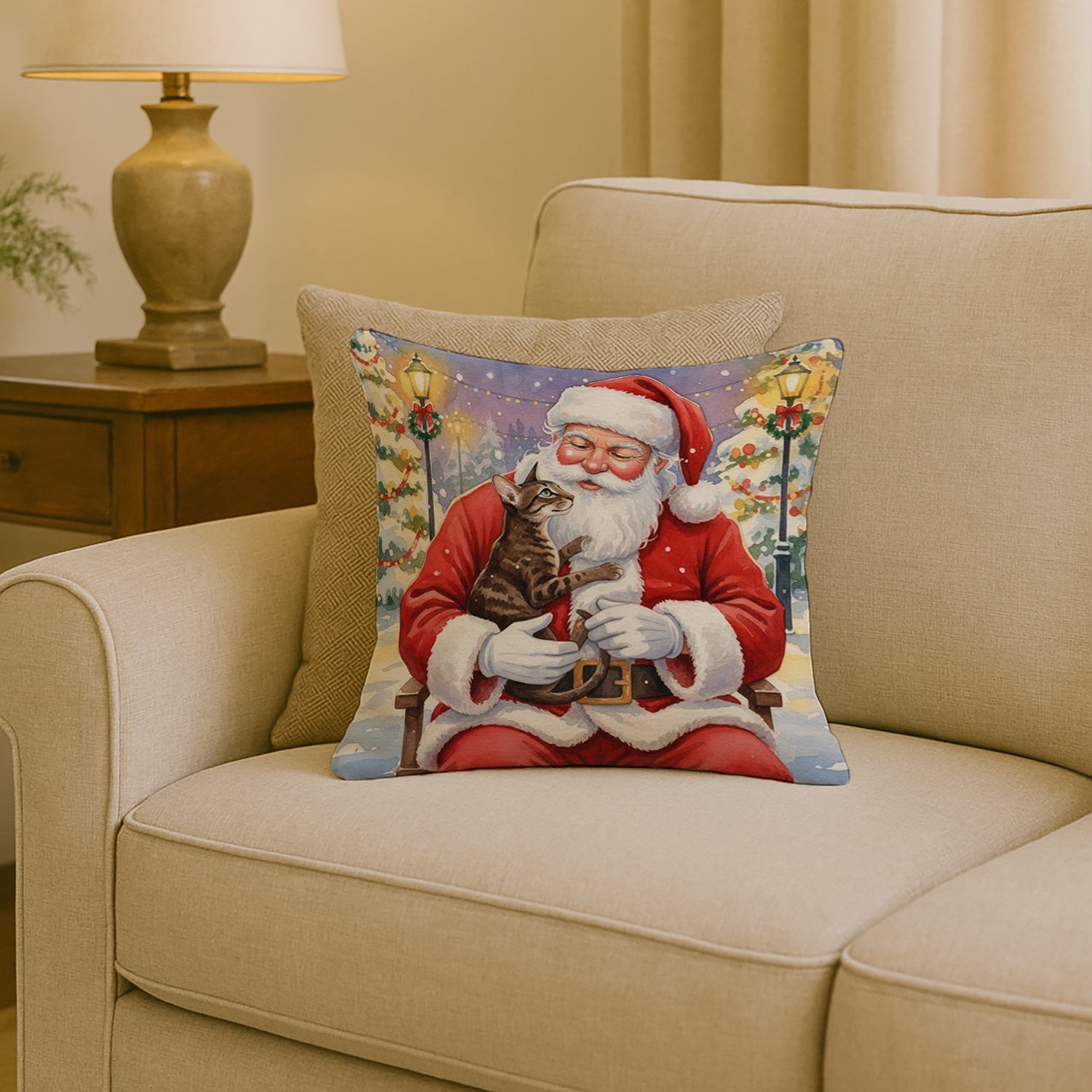 Oriental Shorthair Cat with Santa Claus Decorative Throw Pillow 18x18 Indoor Outdoor Accent Cushion, Fabric Cover with Insert for Sofa, Bed, Porch & Living Room