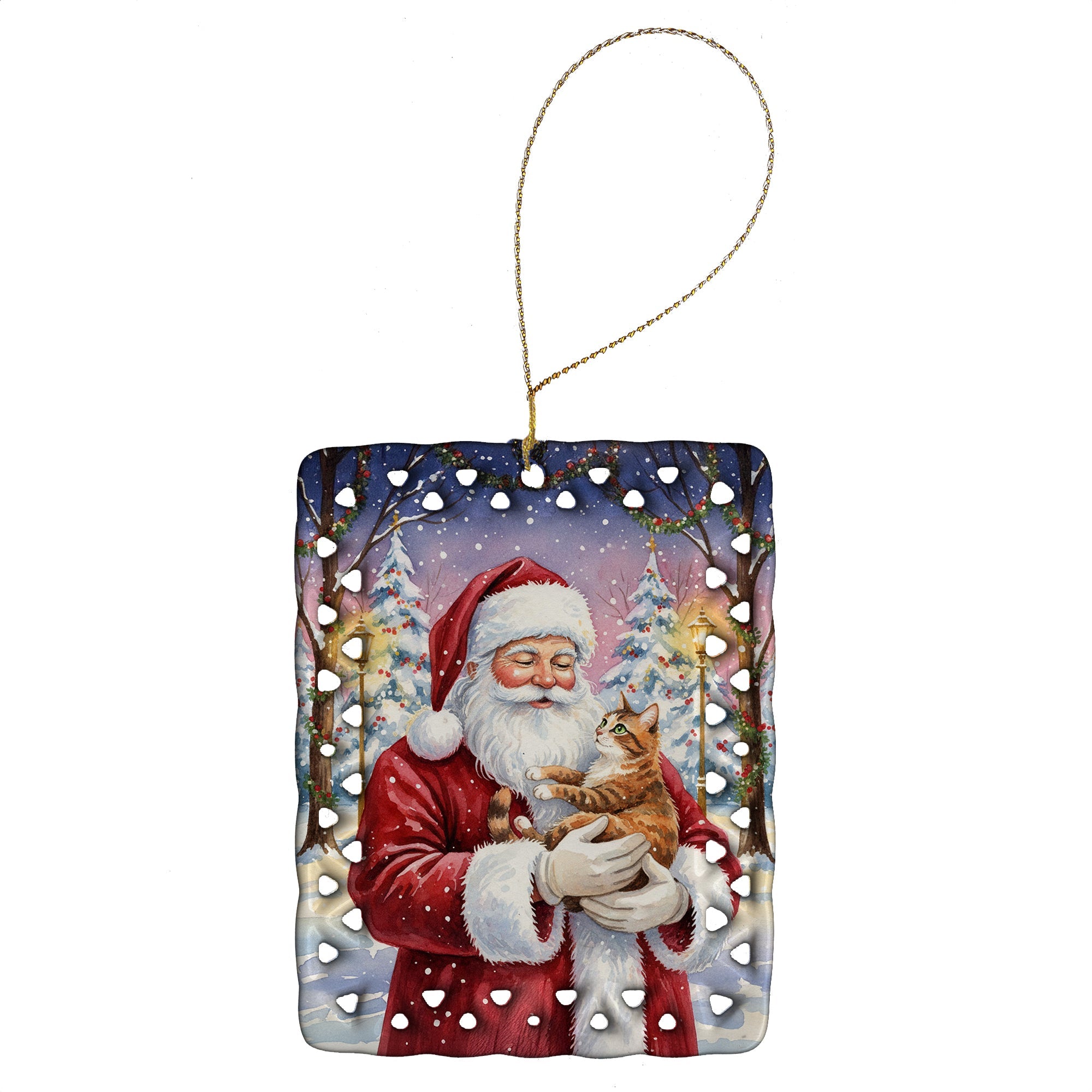 Patched Tabby Cat with Santa Claus Porcelain Ornament Christmas Tree Hanging Decorations for Home Christmas Holiday, Rectangle, Gift, Multicolor