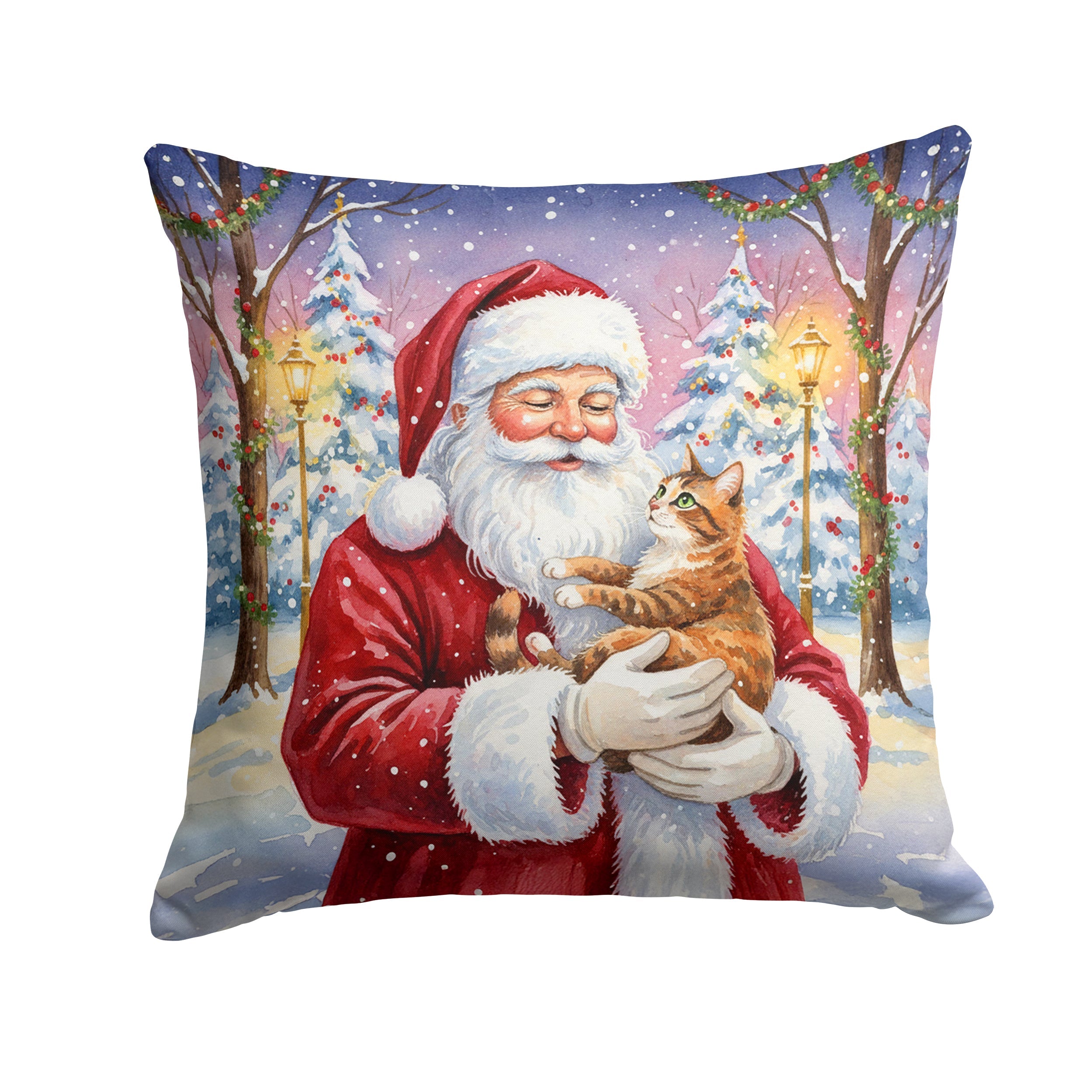 Patched Tabby Cat with Santa Claus Decorative Throw Pillow 14x14 Indoor Outdoor Accent Cushion, Fabric Cover with Insert for Sofa, Bed, Porch & Living Room