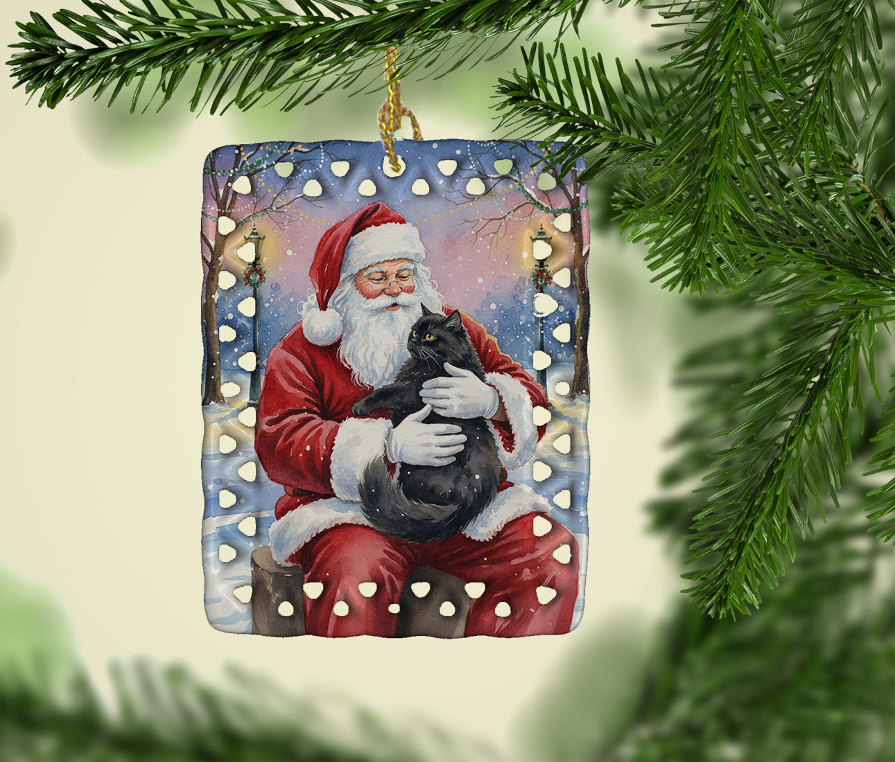 Persian Black Cat with Santa Claus Porcelain Ornament Christmas Tree Hanging Decorations for Home Christmas Holiday, Rectangle, Gift, Multicolor