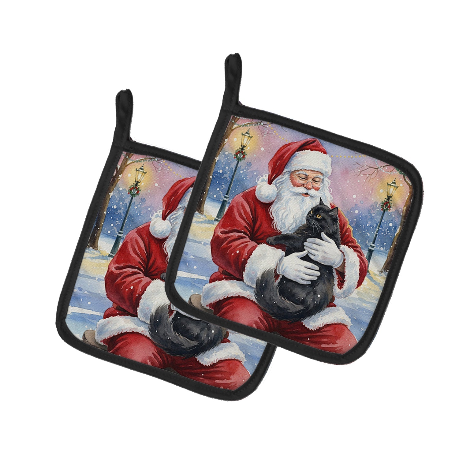 Persian Black Cat with Santa Claus Pot Holder Set of 2 Heat Resistant Quilted Hot Pads 7.5 x 7.5 Inch, Insulated Kitchen Trivets for Cooking & Baking