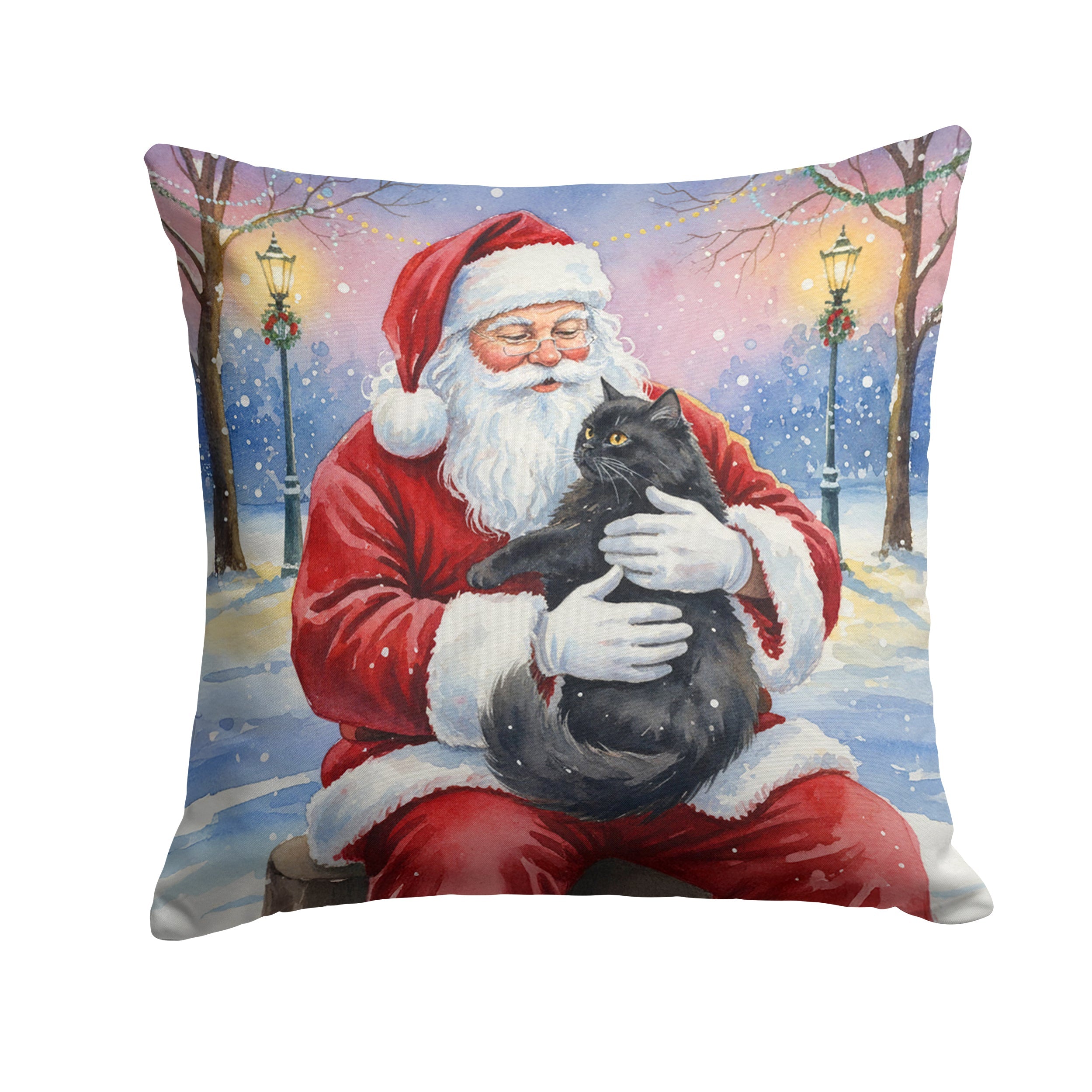 Persian Black Cat with Santa Claus Decorative Throw Pillow 14x14 Indoor Outdoor Accent Cushion, Fabric Cover with Insert for Sofa, Bed, Porch & Living Room