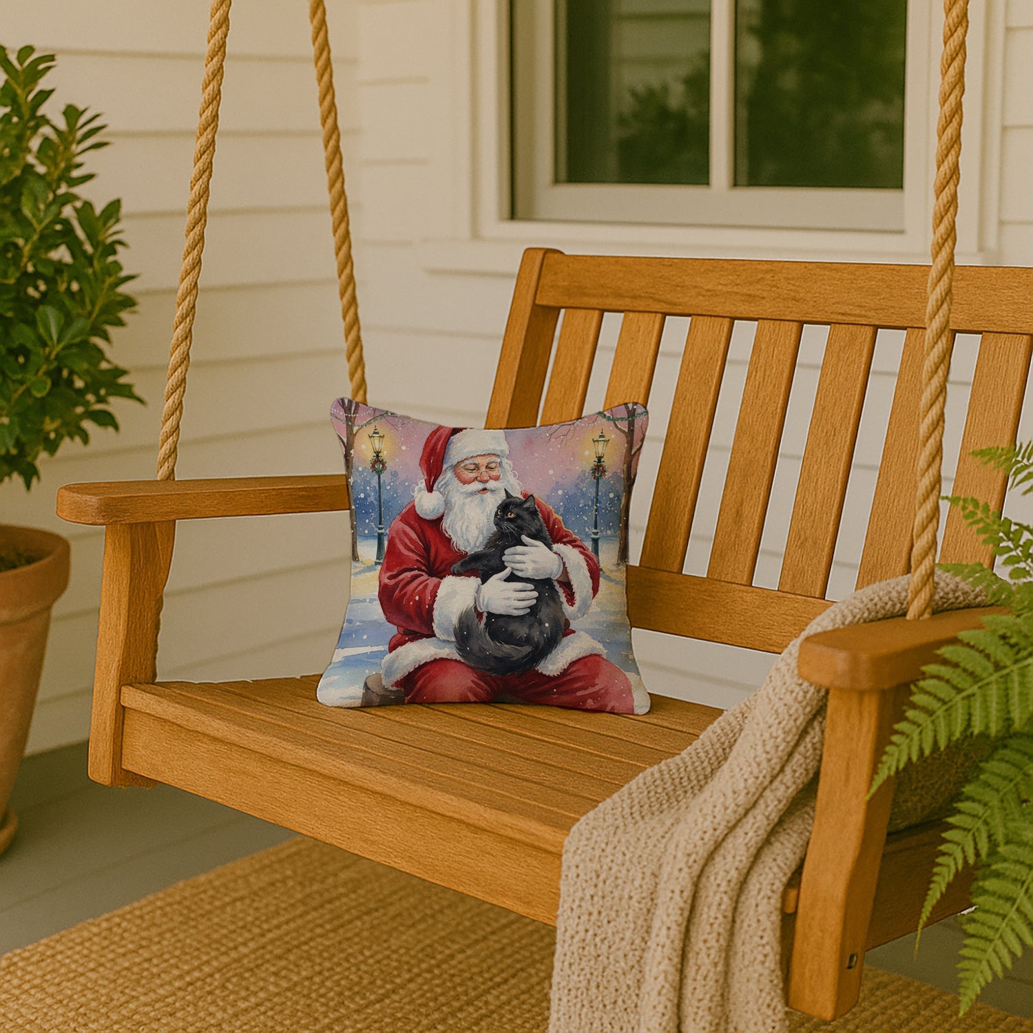 Persian Black Cat with Santa Claus Decorative Throw Pillow 14x14 Indoor Outdoor Accent Cushion, Fabric Cover with Insert for Sofa, Bed, Porch & Living Room
