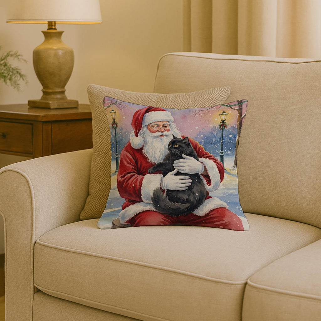 Persian Black Cat with Santa Claus Decorative Throw Pillow 18x18 Indoor Outdoor Accent Cushion, Fabric Cover with Insert for Sofa, Bed, Porch & Living Room