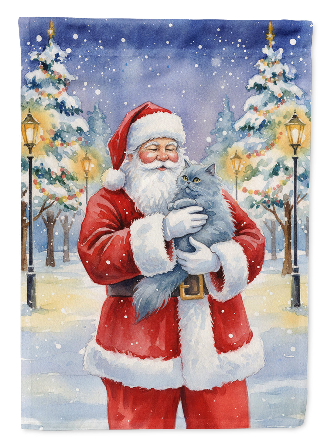 Persian Blue Cat with Santa Claus House Flag 28x40 Porch Sleeve Pole Decorative Outside Yard Banner Artwork Wall Hanging, Polyester