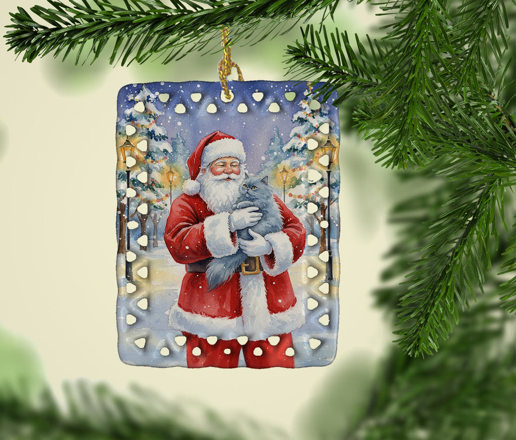 Persian Blue Cat with Santa Claus Porcelain Ornament Christmas Tree Hanging Decorations for Home Christmas Holiday, Rectangle, Gift, Multicolor