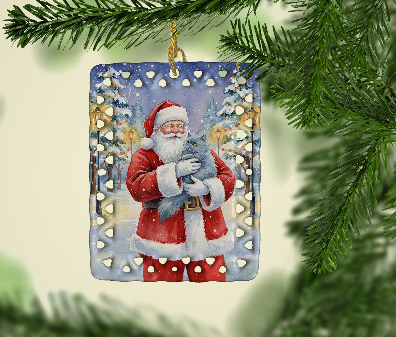 Persian Blue Cat with Santa Claus Porcelain Ornament Christmas Tree Hanging Decorations for Home Christmas Holiday, Rectangle, Gift, Multicolor