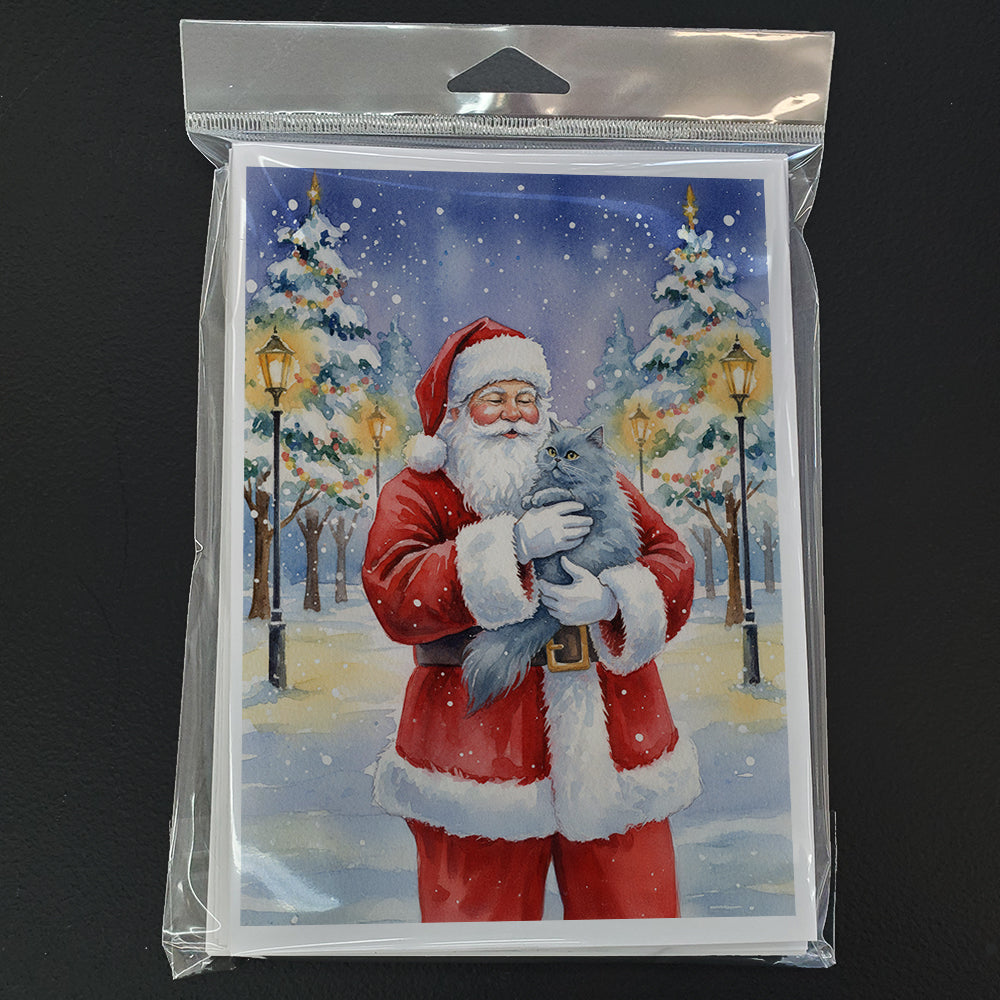 Persian Blue Cat with Santa Claus Greeting Cards Pack of 8 Blank Cards with Envelopes Whimsical A7 Size 5x7