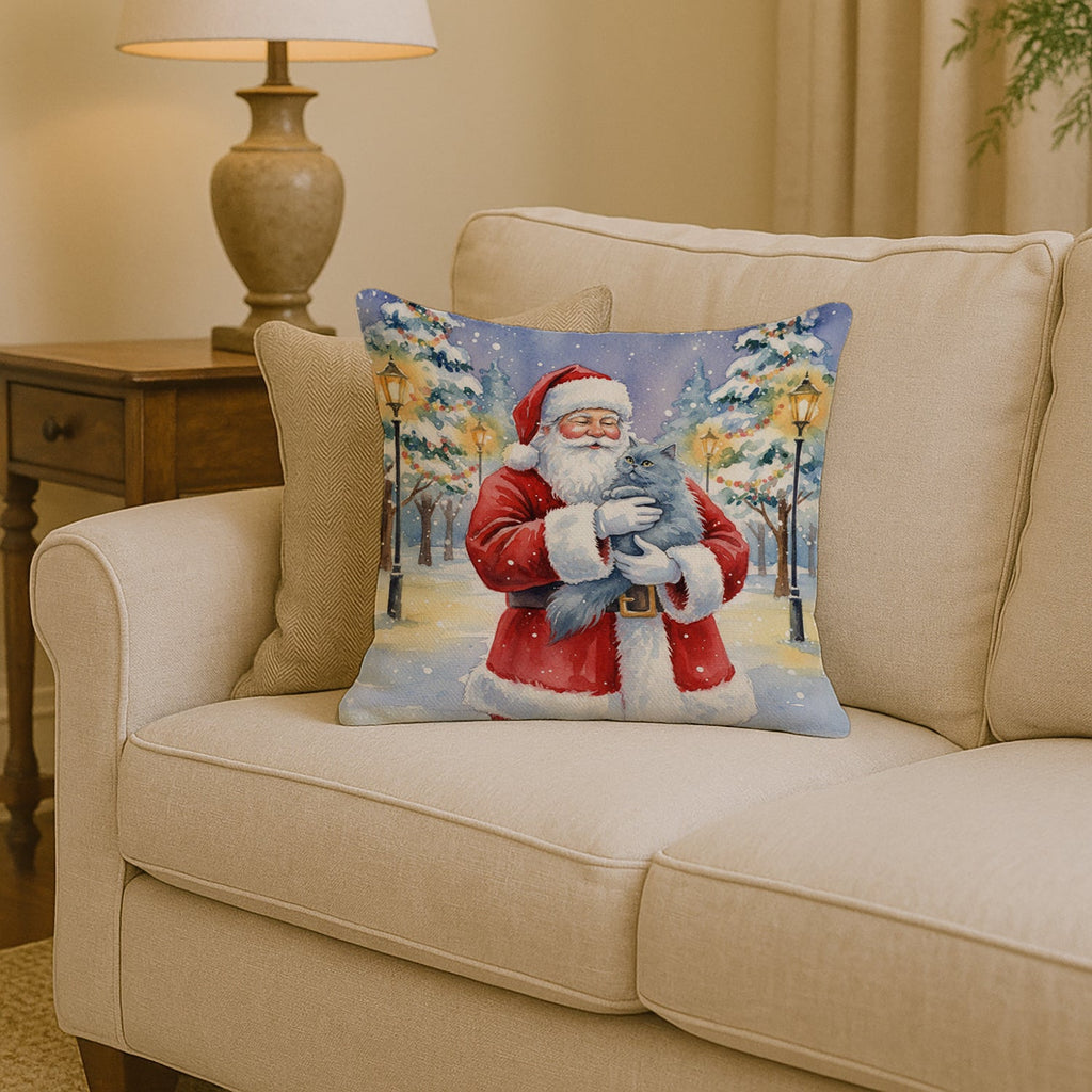 Persian Blue Cat with Santa Claus Decorative Throw Pillow 14x14 Indoor Outdoor Accent Cushion, Fabric Cover with Insert for Sofa, Bed, Porch & Living Room