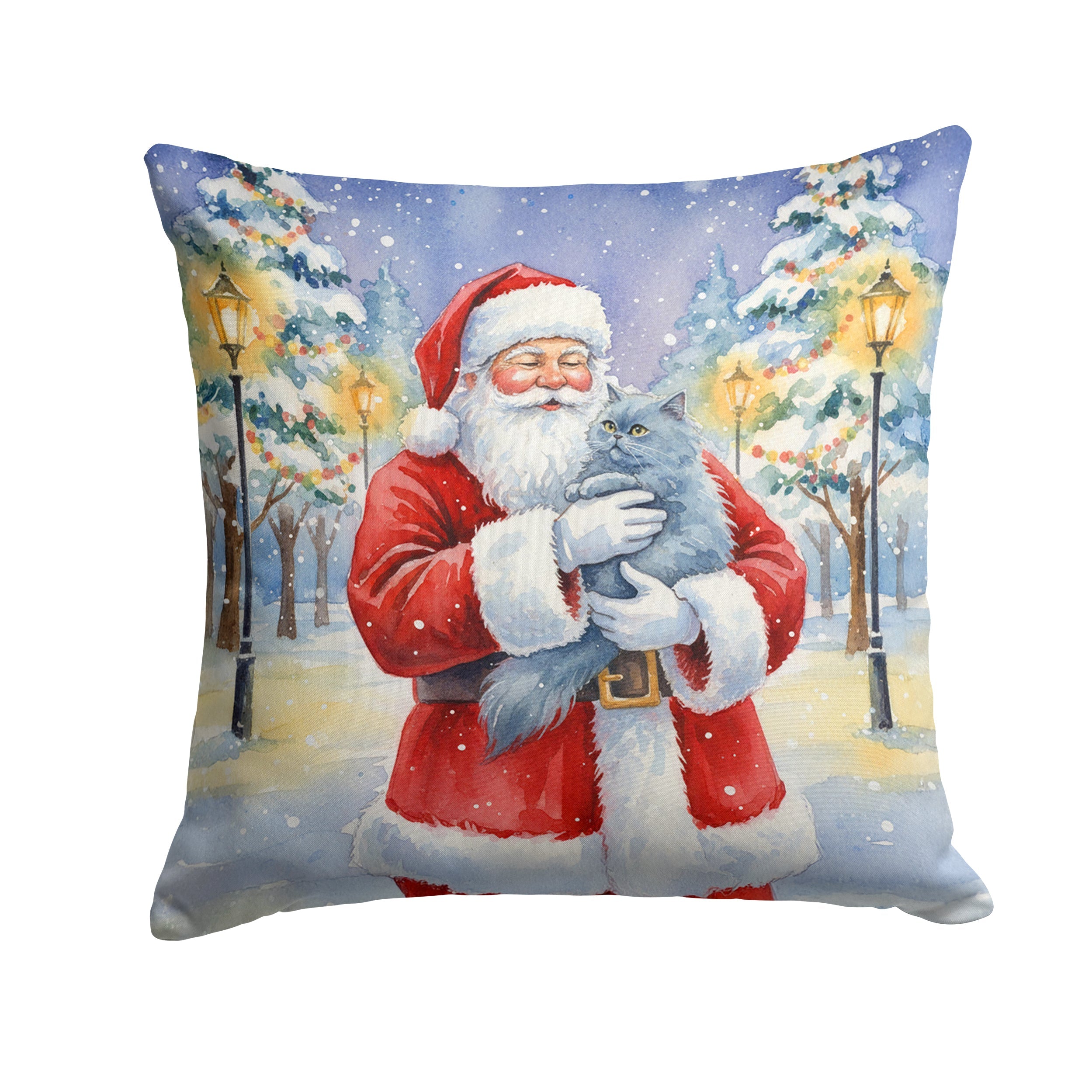 Persian Blue Cat with Santa Claus Decorative Throw Pillow 18x18 Indoor Outdoor Accent Cushion, Fabric Cover with Insert for Sofa, Bed, Porch & Living Room