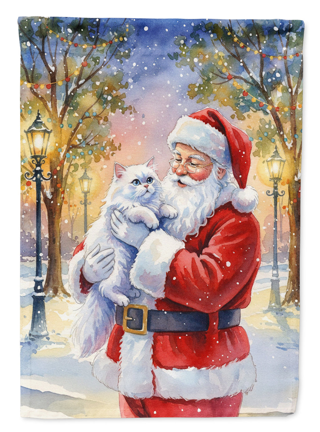 Persian White Cat with Santa Claus House Flag 28x40 Porch Sleeve Pole Decorative Outside Yard Banner Artwork Wall Hanging, Polyester