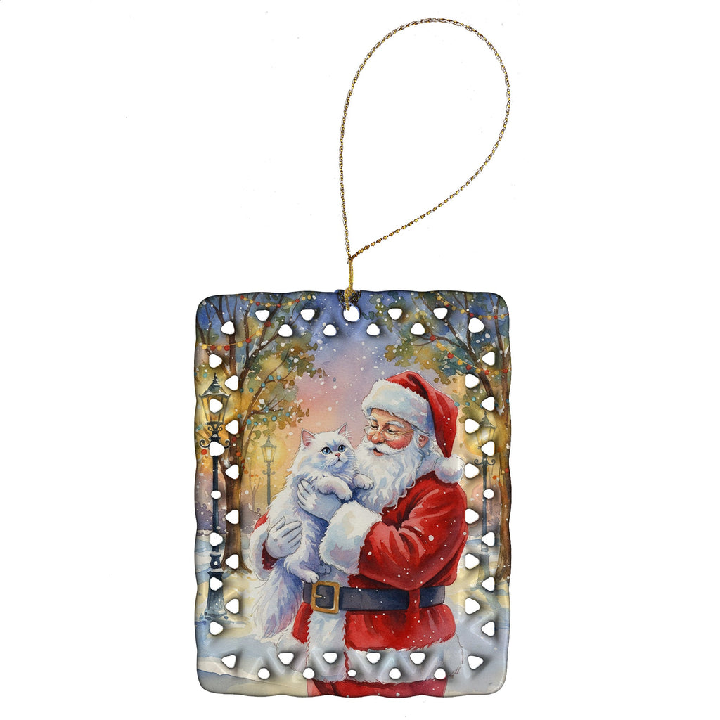 Persian White Cat with Santa Claus Porcelain Ornament Christmas Tree Hanging Decorations for Home Christmas Holiday, Rectangle, Gift, Multicolor