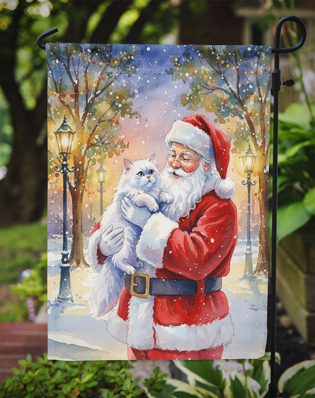 Persian White Cat with Santa Claus Garden Flag Mailbox Decorative Yard Banner Outside Patio Artwork for Flower Beds, Garden Size, Multicolor