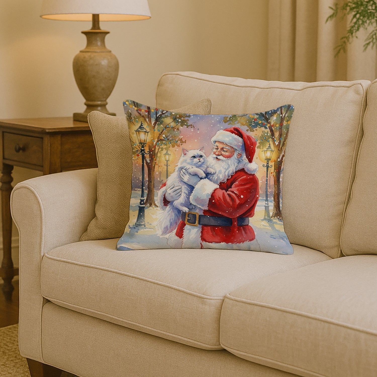 Persian White Cat with Santa Claus Decorative Throw Pillow 14x14 Indoor Outdoor Accent Cushion, Fabric Cover with Insert for Sofa, Bed, Porch & Living Room