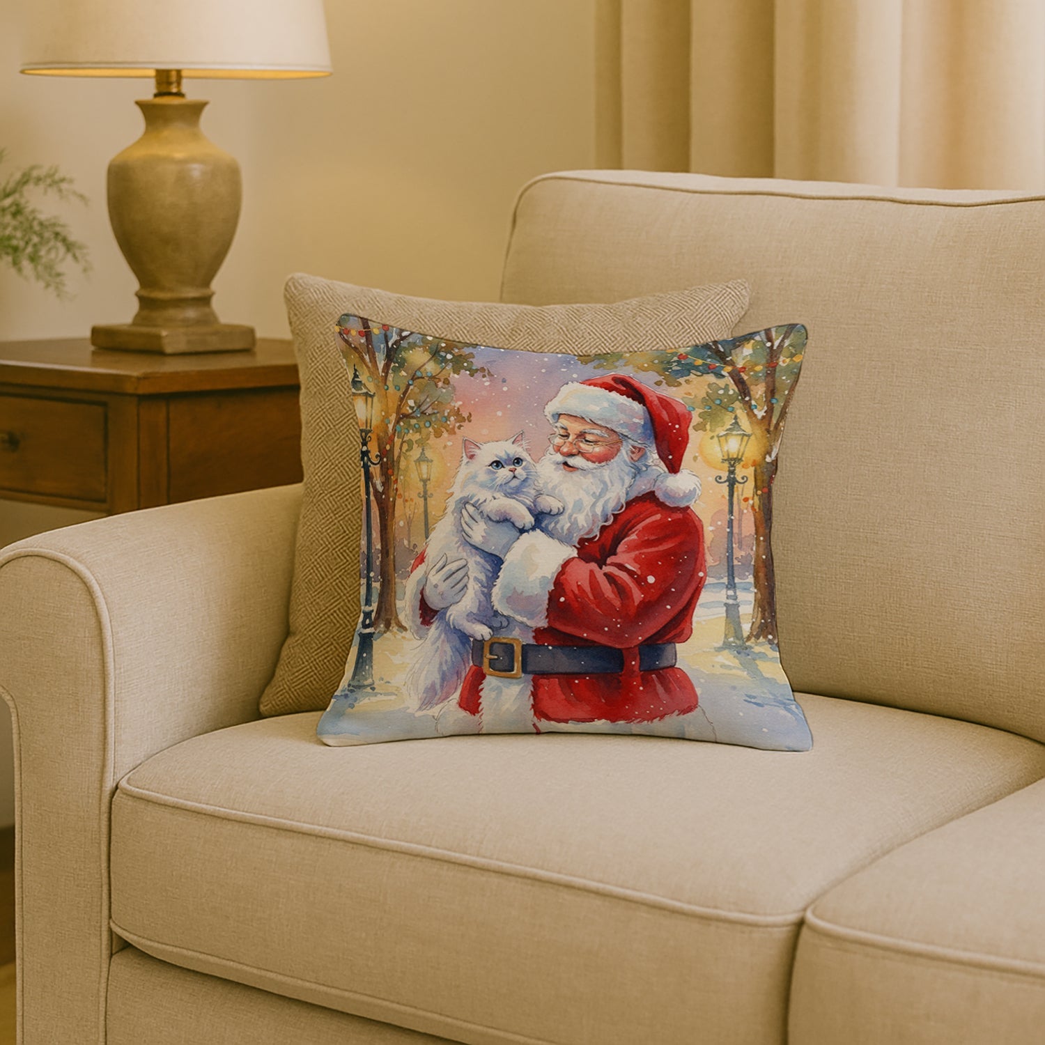 Persian White Cat with Santa Claus Decorative Throw Pillow 18x18 Indoor Outdoor Accent Cushion, Fabric Cover with Insert for Sofa, Bed, Porch & Living Room
