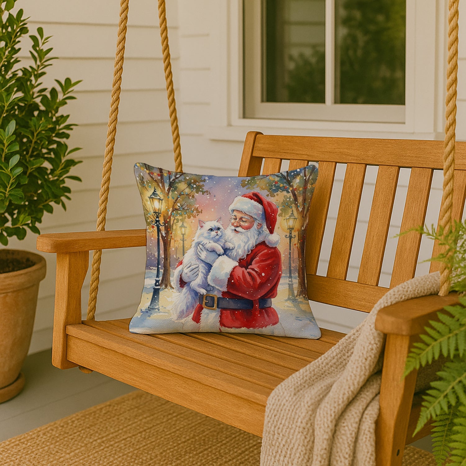 Persian White Cat with Santa Claus Decorative Throw Pillow 18x18 Indoor Outdoor Accent Cushion, Fabric Cover with Insert for Sofa, Bed, Porch & Living Room