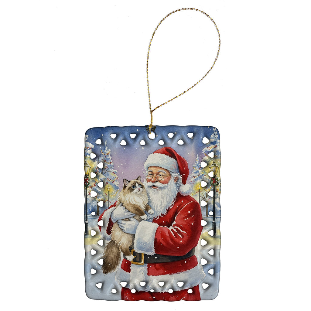 Ragdoll Bicolor Cat with Santa Claus Porcelain Ornament Christmas Tree Hanging Decorations for Home Christmas Holiday, Rectangle, Gift, Multicolor