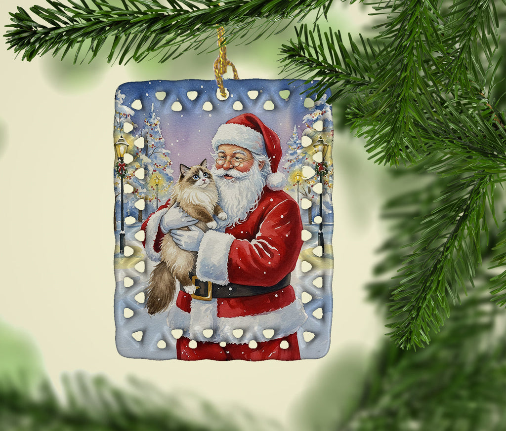 Ragdoll Bicolor Cat with Santa Claus Porcelain Ornament Christmas Tree Hanging Decorations for Home Christmas Holiday, Rectangle, Gift, Multicolor