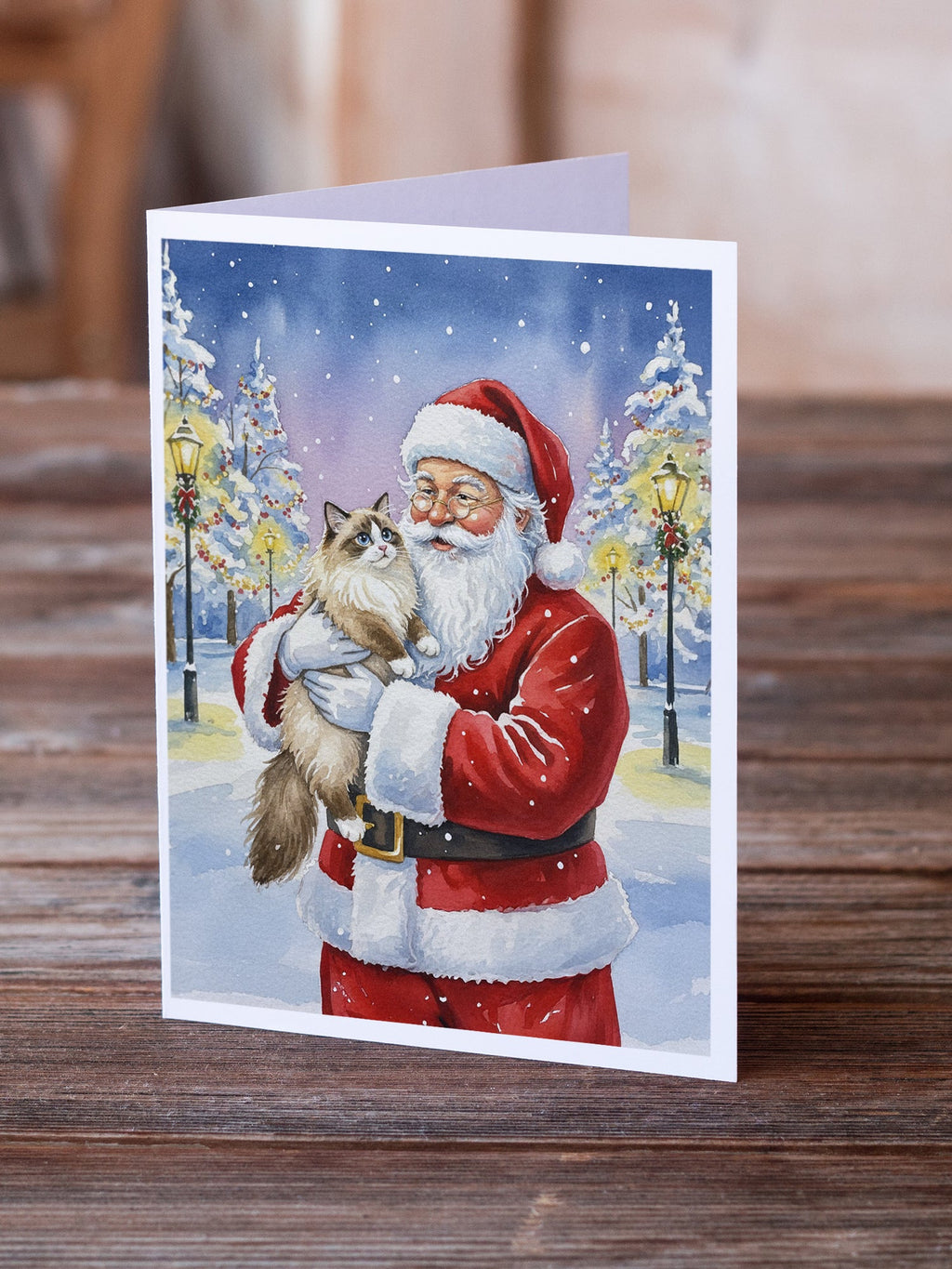 Ragdoll Bicolor Cat with Santa Claus Greeting Cards Pack of 8 Blank Cards with Envelopes Whimsical A7 Size 5x7
