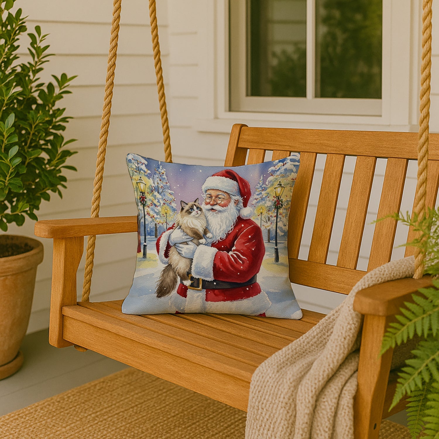 Ragdoll Bicolor Cat with Santa Claus Decorative Throw Pillow 18x18 Indoor Outdoor Accent Cushion, Fabric Cover with Insert for Sofa, Bed, Porch & Living Room