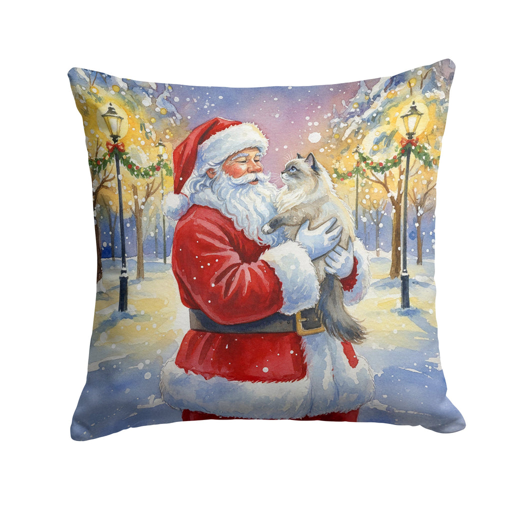 Ragdoll Blue Point Cat with Santa Claus Decorative Throw Pillow 14x14 Indoor Outdoor Accent Cushion, Fabric Cover with Insert for Sofa, Bed, Porch & Living Room