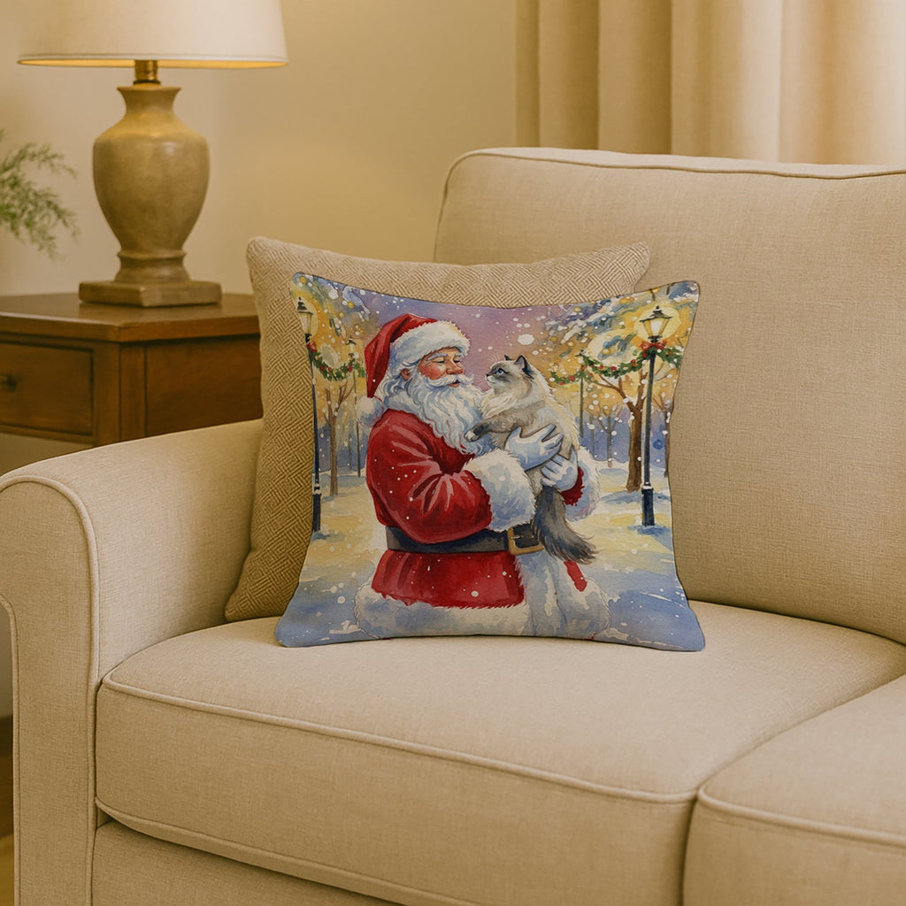 Ragdoll Blue Point Cat with Santa Claus Decorative Throw Pillow 18x18 Indoor Outdoor Accent Cushion, Fabric Cover with Insert for Sofa, Bed, Porch & Living Room