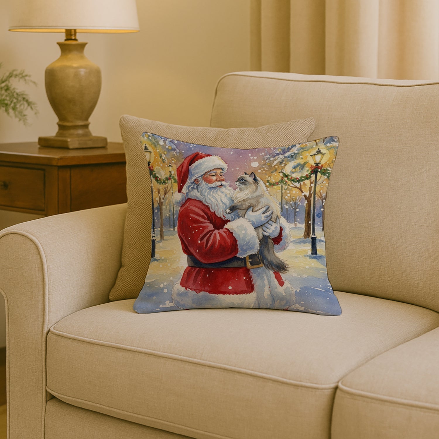 Ragdoll Blue Point Cat with Santa Claus Decorative Throw Pillow 18x18 Indoor Outdoor Accent Cushion, Fabric Cover with Insert for Sofa, Bed, Porch & Living Room