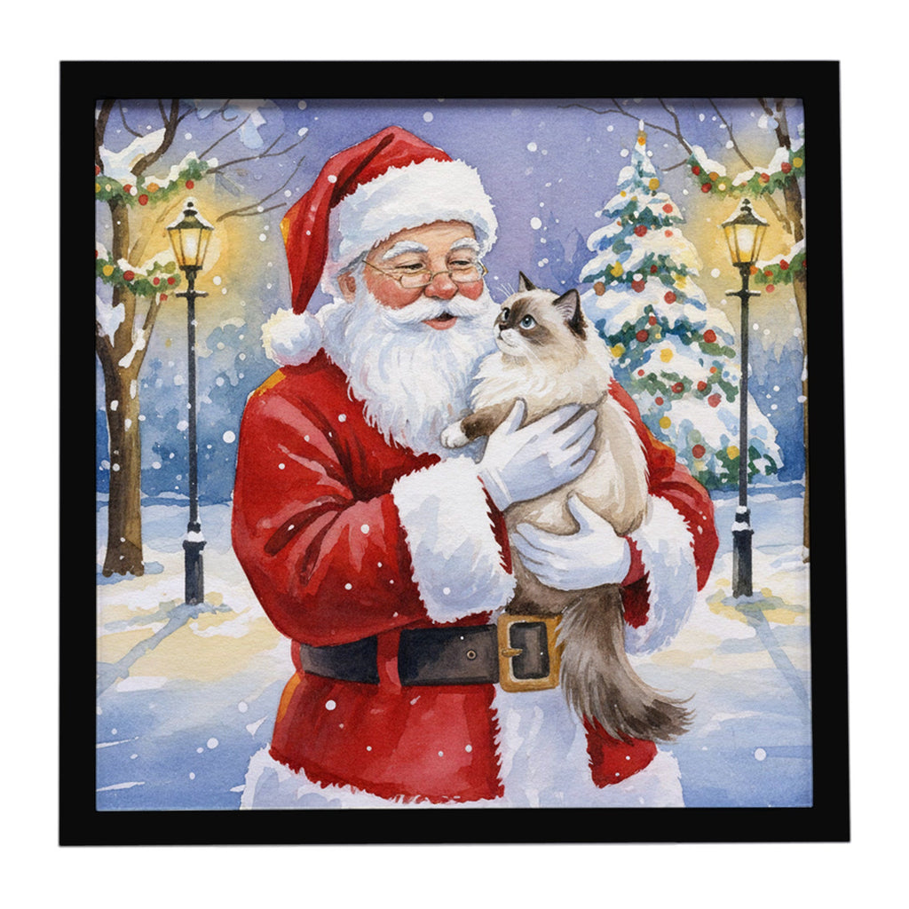 Ragdoll Cat with Santa Claus Framed Metal Print Bathroom, Kitchen, Office, Home Decor Wall Art Ready to Hang, Square, 8X8