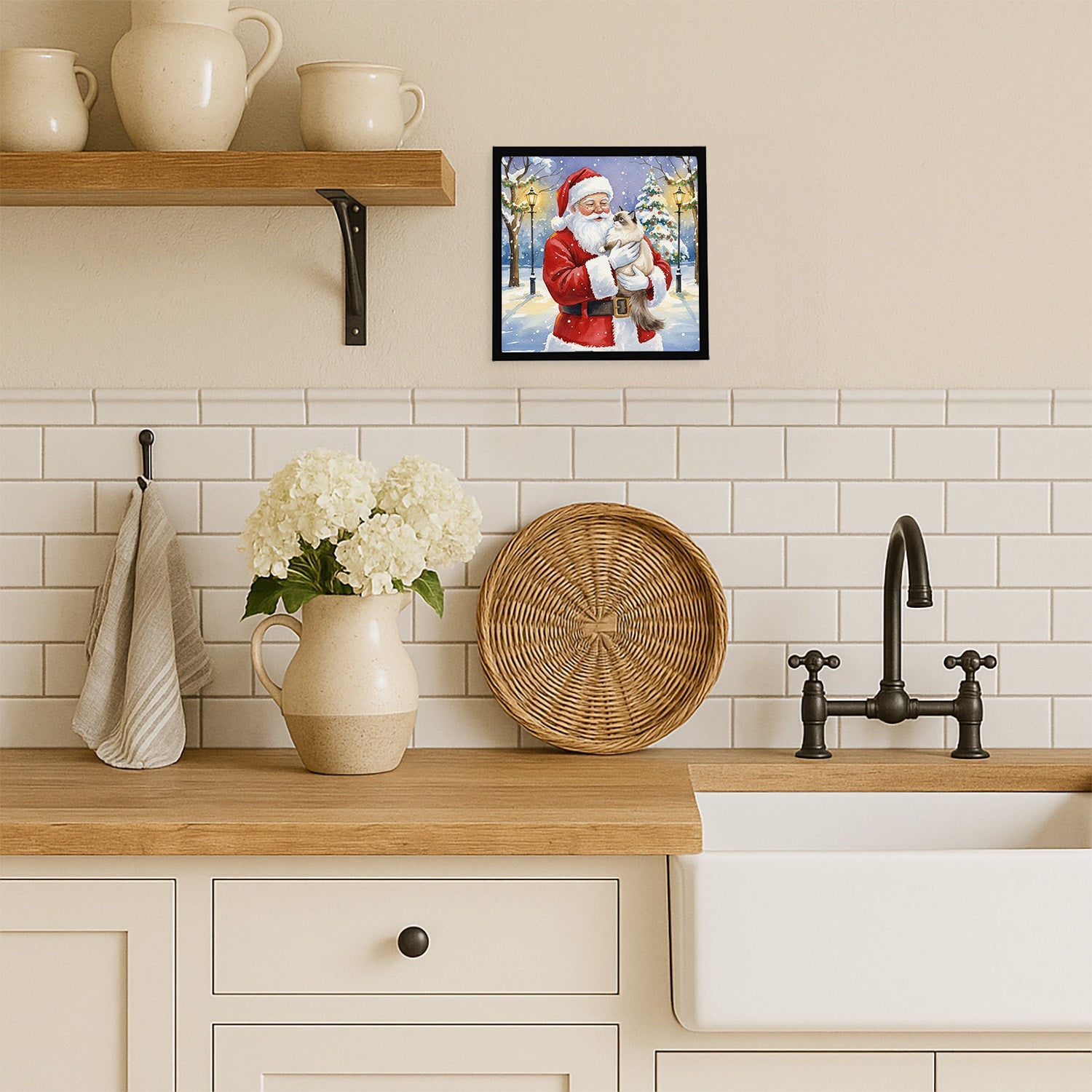 Ragdoll Cat with Santa Claus Framed Metal Print Bathroom, Kitchen, Office, Home Decor Wall Art Ready to Hang, Square, 8X8