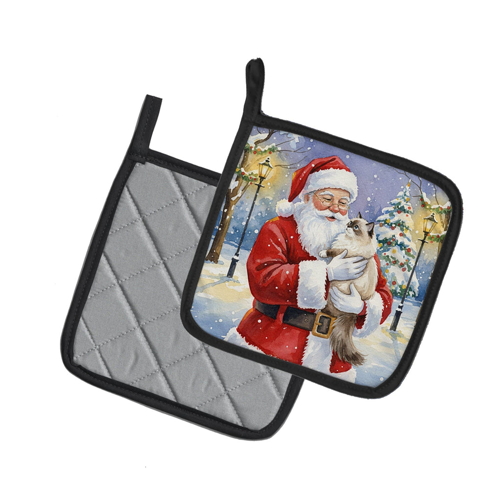 Ragdoll Cat with Santa Claus Pot Holder Set of 2 Heat Resistant Quilted Hot Pads 7.5 x 7.5 Inch, Insulated Kitchen Trivets for Cooking & Baking