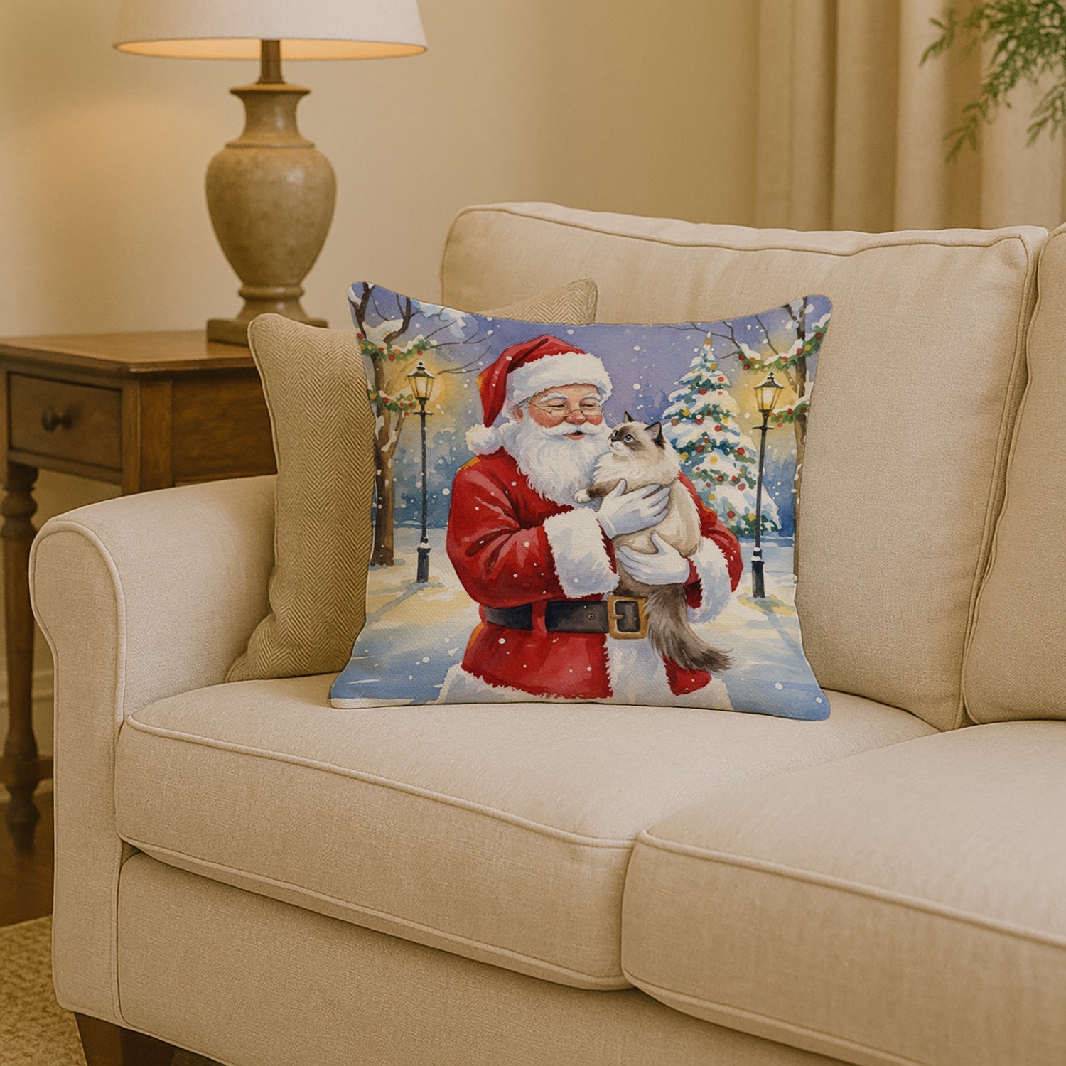 Ragdoll Cat with Santa Claus Decorative Throw Pillow 14x14 Indoor Outdoor Accent Cushion, Fabric Cover with Insert for Sofa, Bed, Porch & Living Room