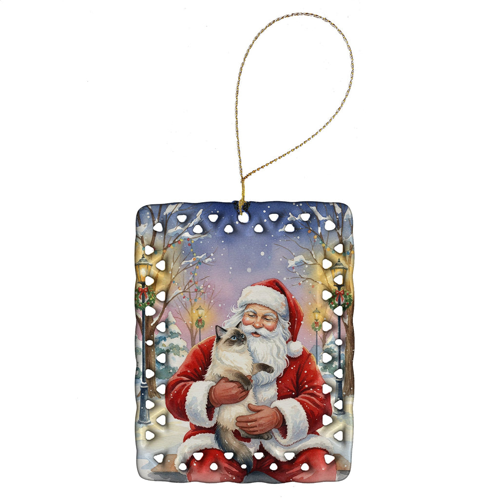 Ragdoll Seal Point with Santa Claus Porcelain Ornament Christmas Tree Hanging Decorations for Home Christmas Holiday, Rectangle, Gift, Multicolor