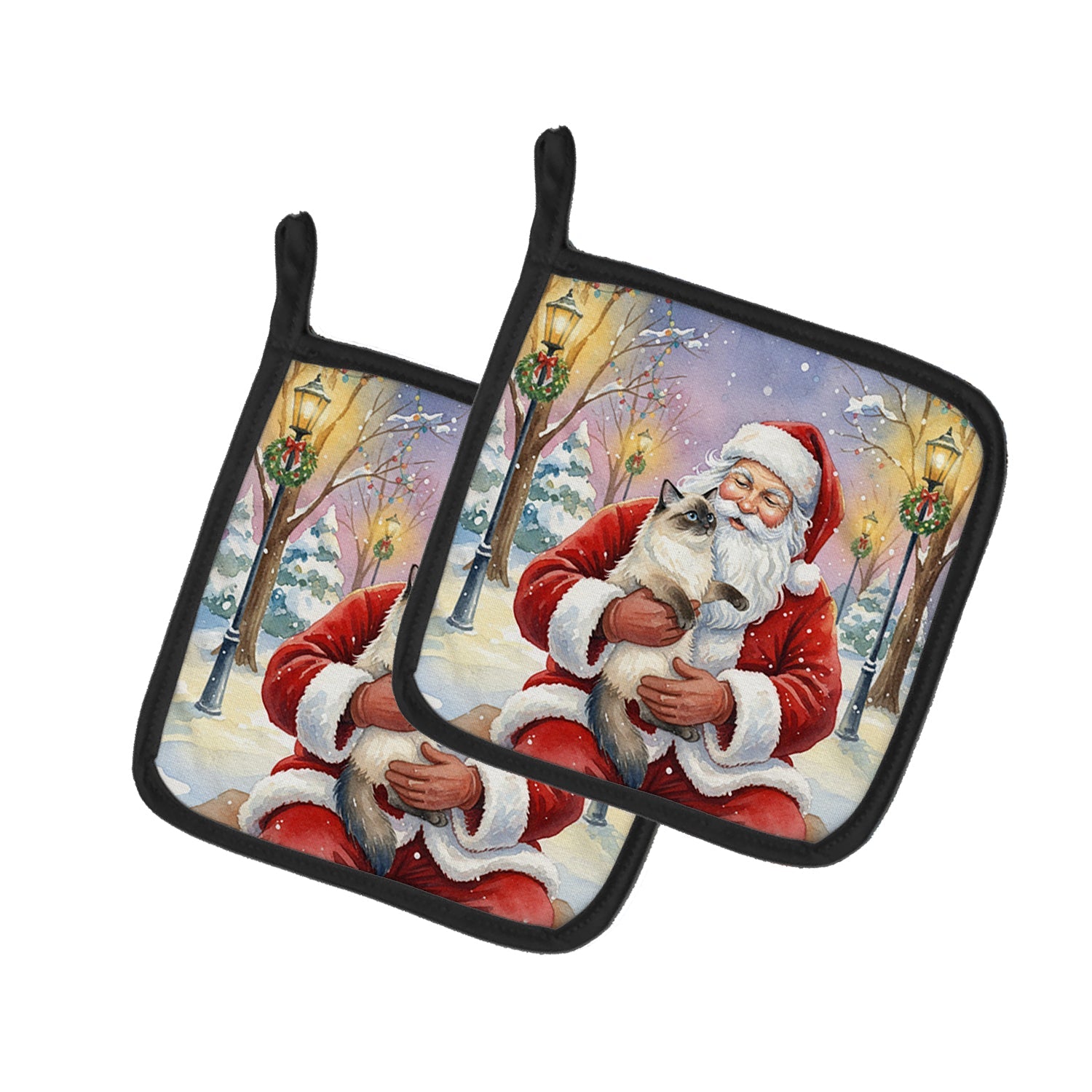 Ragdoll Seal Point with Santa Claus Pot Holder Set of 2 Heat Resistant Quilted Hot Pads 7.5 x 7.5 Inch, Insulated Kitchen Trivets for Cooking & Baking