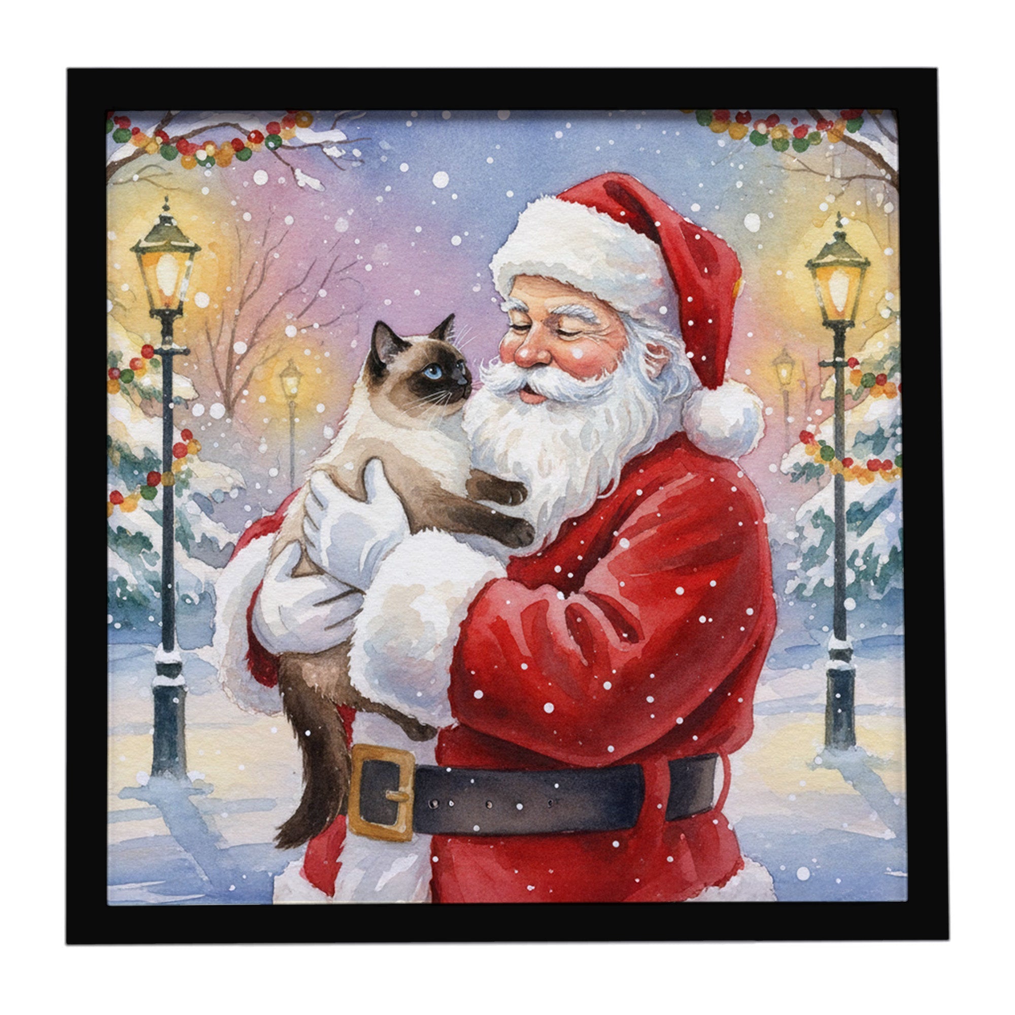 Seal Point Cat with Santa Claus Framed Metal Print Bathroom, Kitchen, Office, Home Decor Wall Art Ready to Hang, Square, 8X8