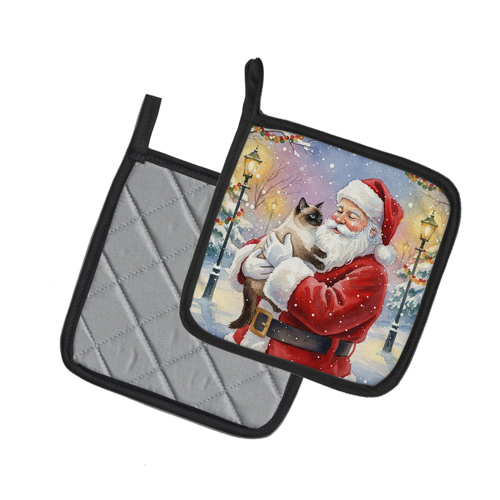 Seal Point Cat with Santa Claus Pot Holder Set of 2 Heat Resistant Quilted Hot Pads 7.5 x 7.5 Inch, Insulated Kitchen Trivets for Cooking & Baking