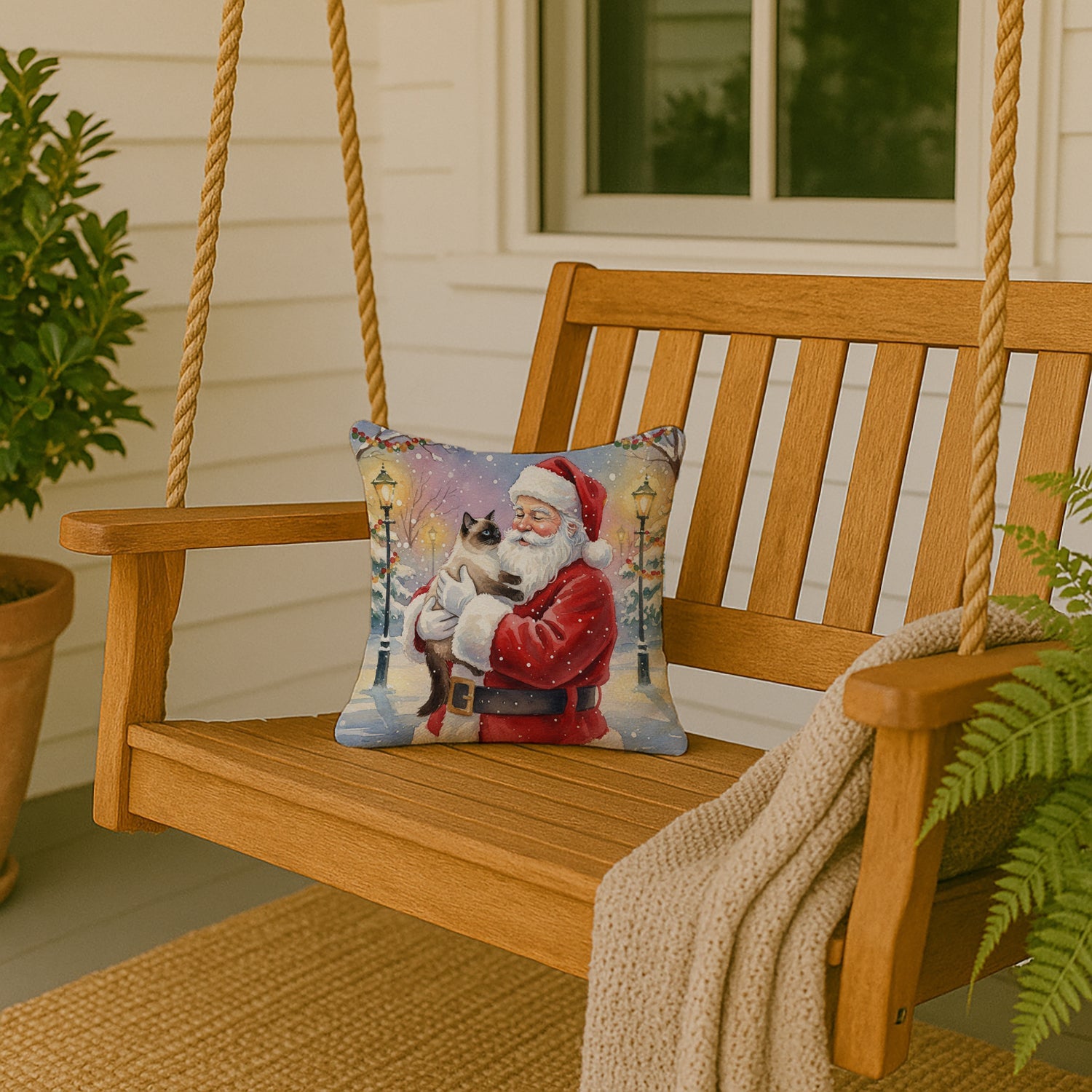 Seal Point Cat with Santa Claus Decorative Throw Pillow 14x14 Indoor Outdoor Accent Cushion, Fabric Cover with Insert for Sofa, Bed, Porch & Living Room