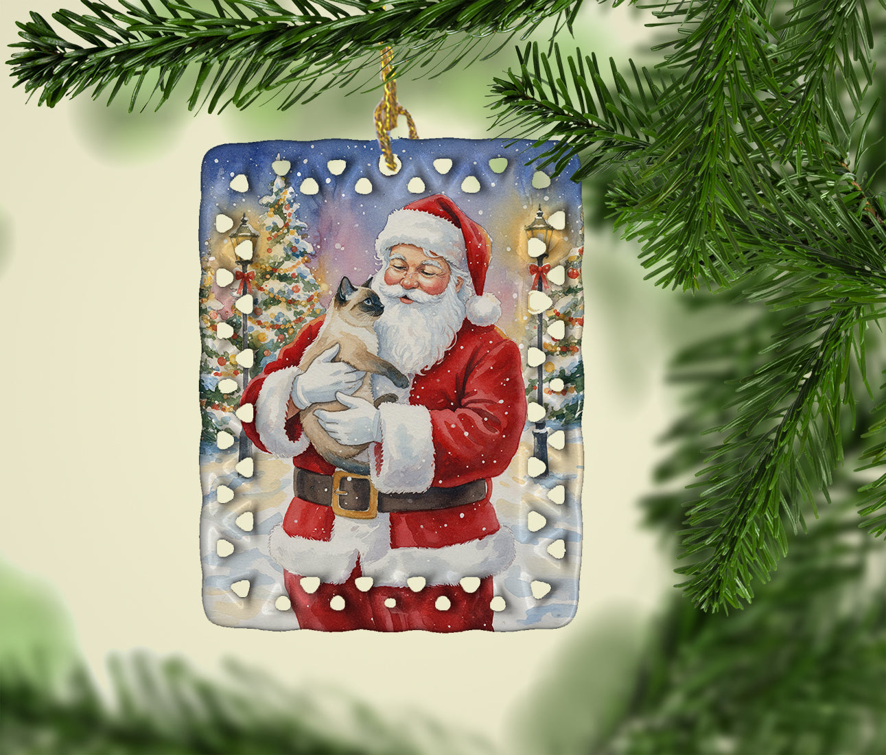 Siamese Cat with Santa Claus Porcelain Ornament Christmas Tree Hanging Decorations for Home Christmas Holiday, Rectangle, Gift, Multicolor