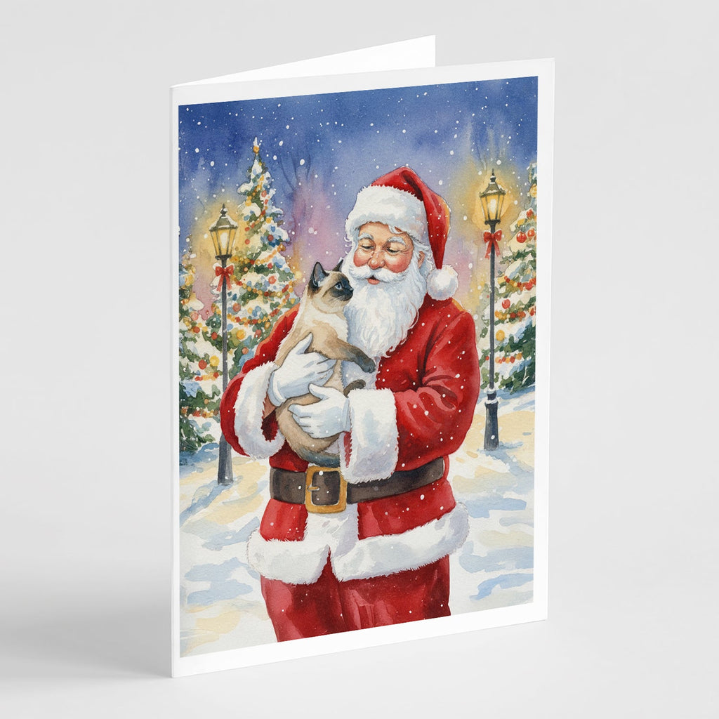 Siamese Cat with Santa Claus Greeting Cards Pack of 8 Blank Cards with Envelopes Whimsical A7 Size 5x7