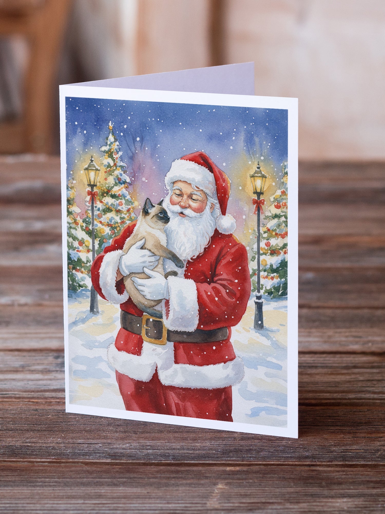 Siamese Cat with Santa Claus Greeting Cards Pack of 8 Blank Cards with Envelopes Whimsical A7 Size 5x7