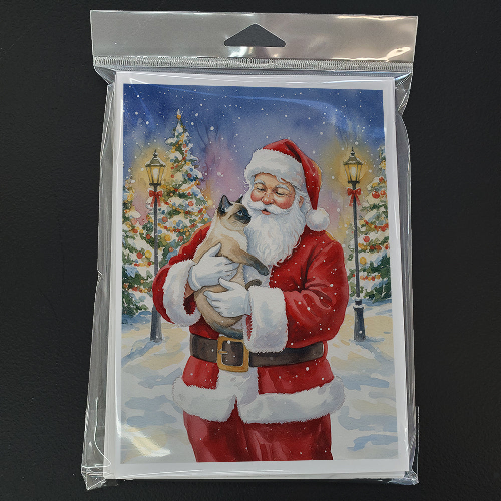 Siamese Cat with Santa Claus Greeting Cards Pack of 8 Blank Cards with Envelopes Whimsical A7 Size 5x7