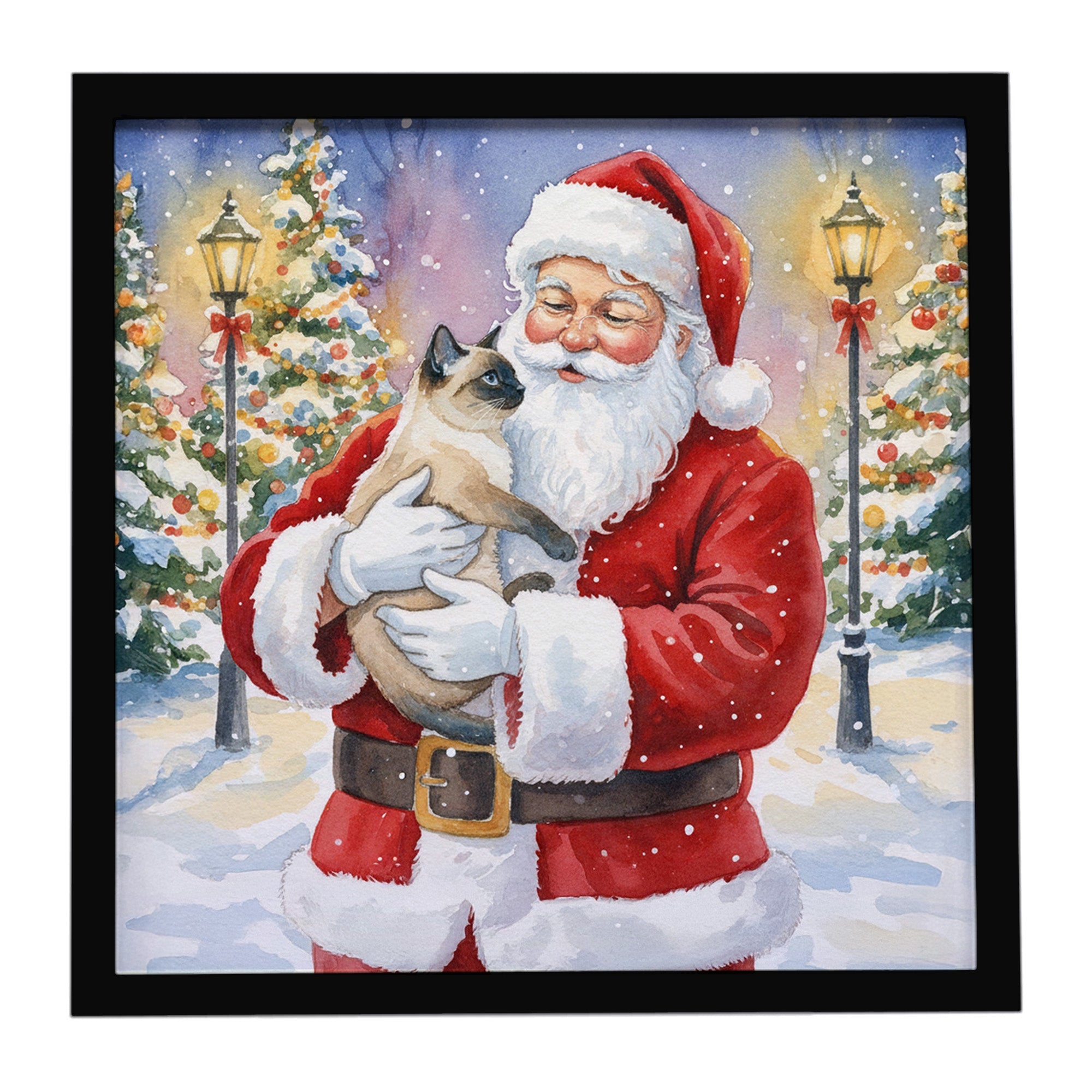 Siamese Cat with Santa Claus Framed Metal Print Bathroom, Kitchen, Office, Home Decor Wall Art Ready to Hang, Square, 8X8