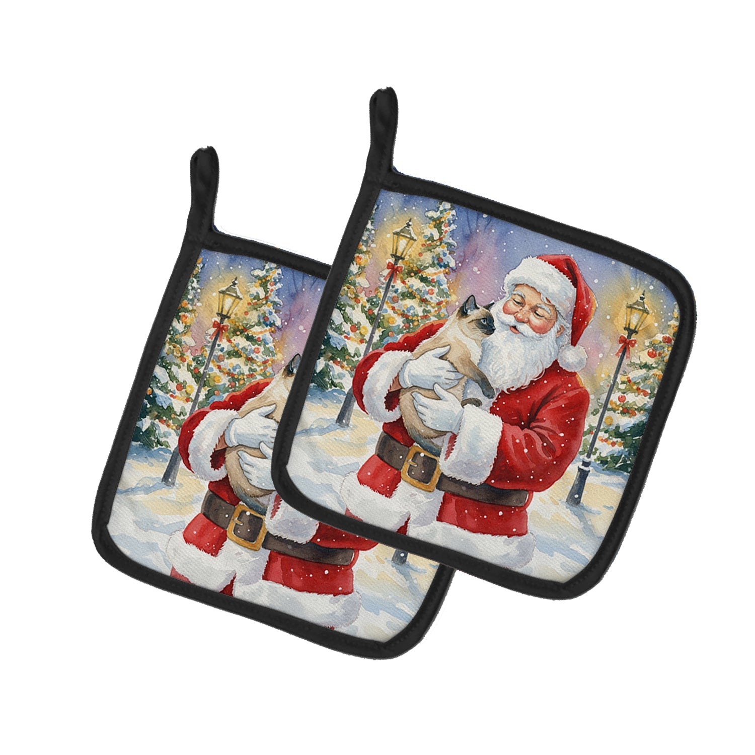 Siamese Cat with Santa Claus Pot Holder Set of 2 Heat Resistant Quilted Hot Pads 7.5 x 7.5 Inch, Insulated Kitchen Trivets for Cooking & Baking