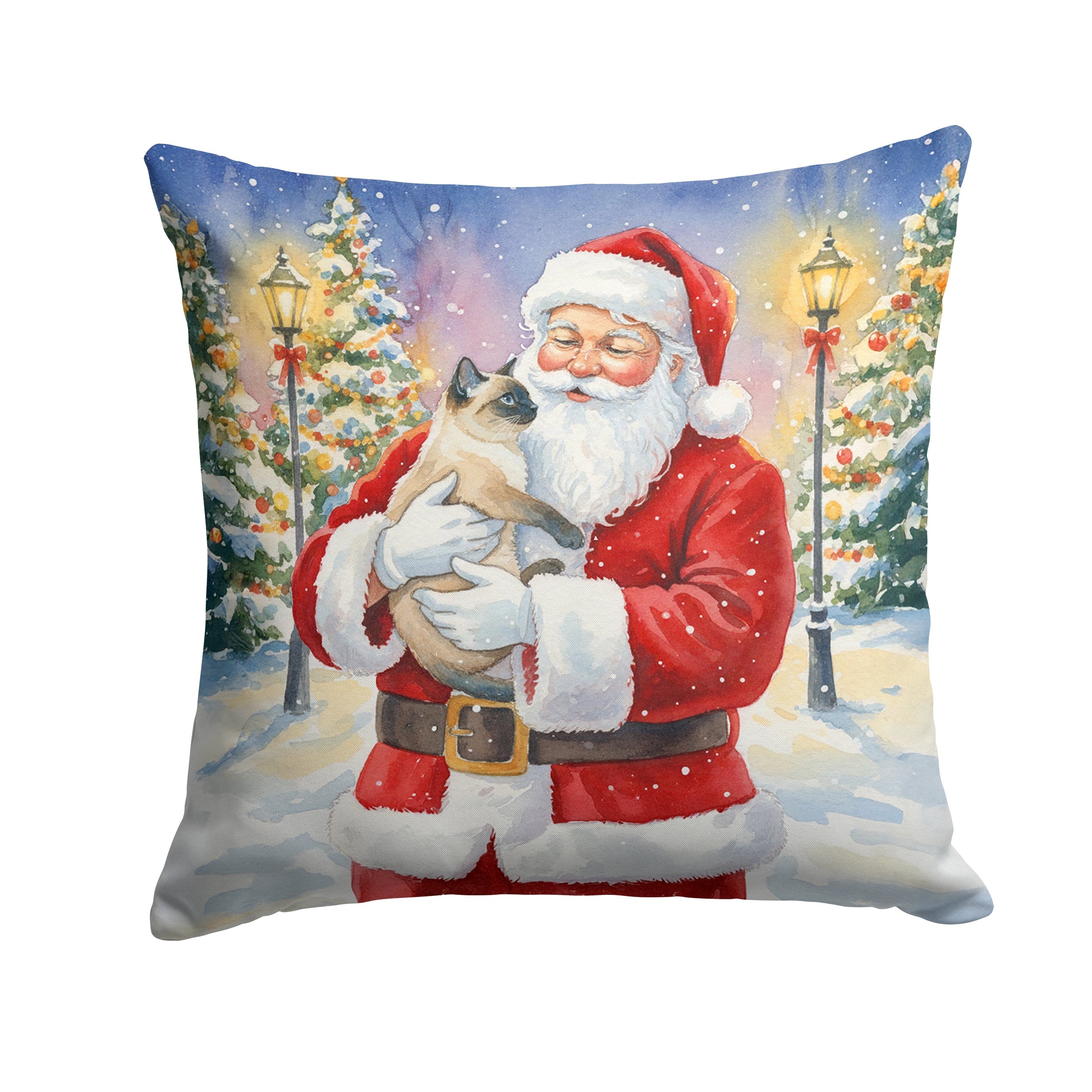 Siamese Cat with Santa Claus Decorative Throw Pillow 14x14 Indoor Outdoor Accent Cushion, Fabric Cover with Insert for Sofa, Bed, Porch & Living Room