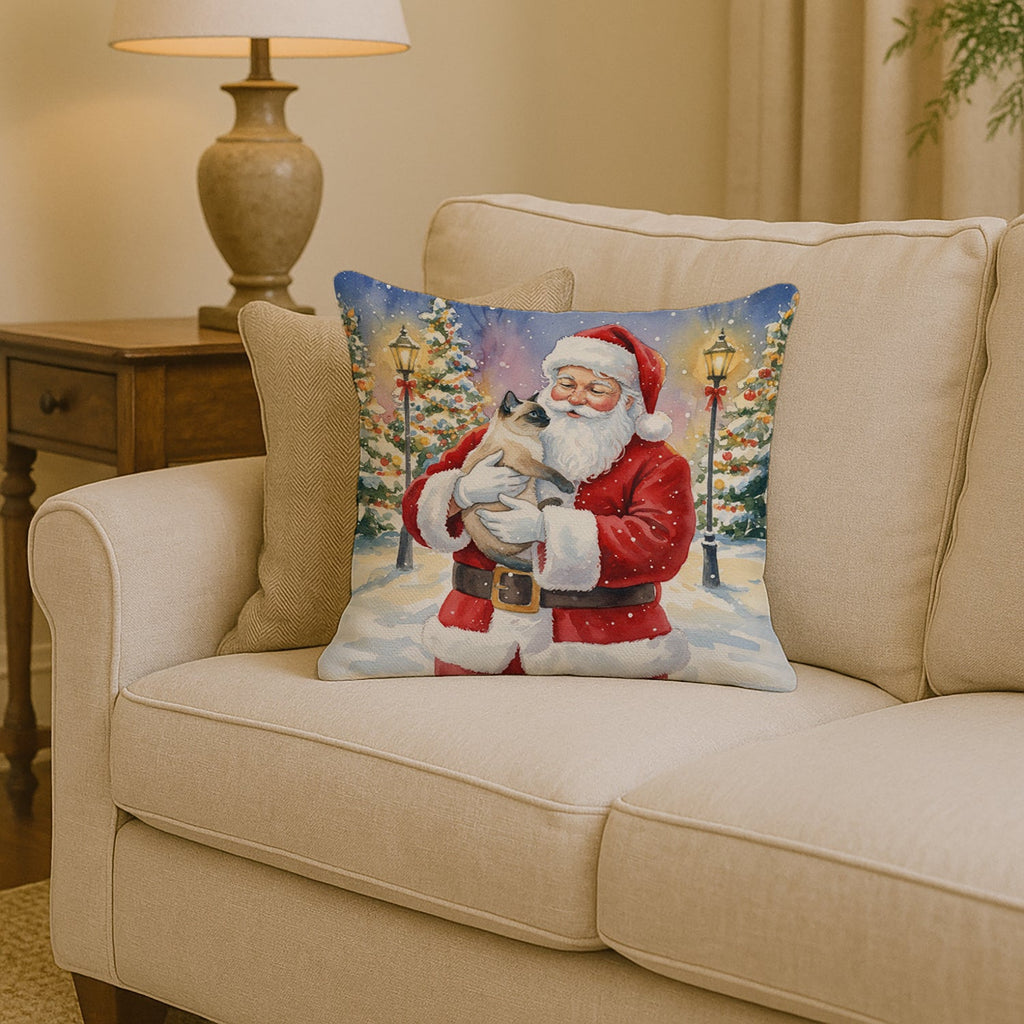Siamese Cat with Santa Claus Decorative Throw Pillow 14x14 Indoor Outdoor Accent Cushion, Fabric Cover with Insert for Sofa, Bed, Porch & Living Room