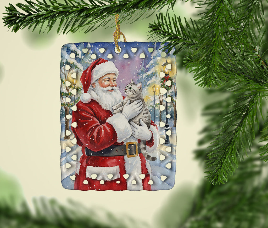 Silver Classic Tabby Cat with Santa Claus Porcelain Ornament Christmas Tree Hanging Decorations for Home Christmas Holiday, Rectangle, Gift, Multicolor